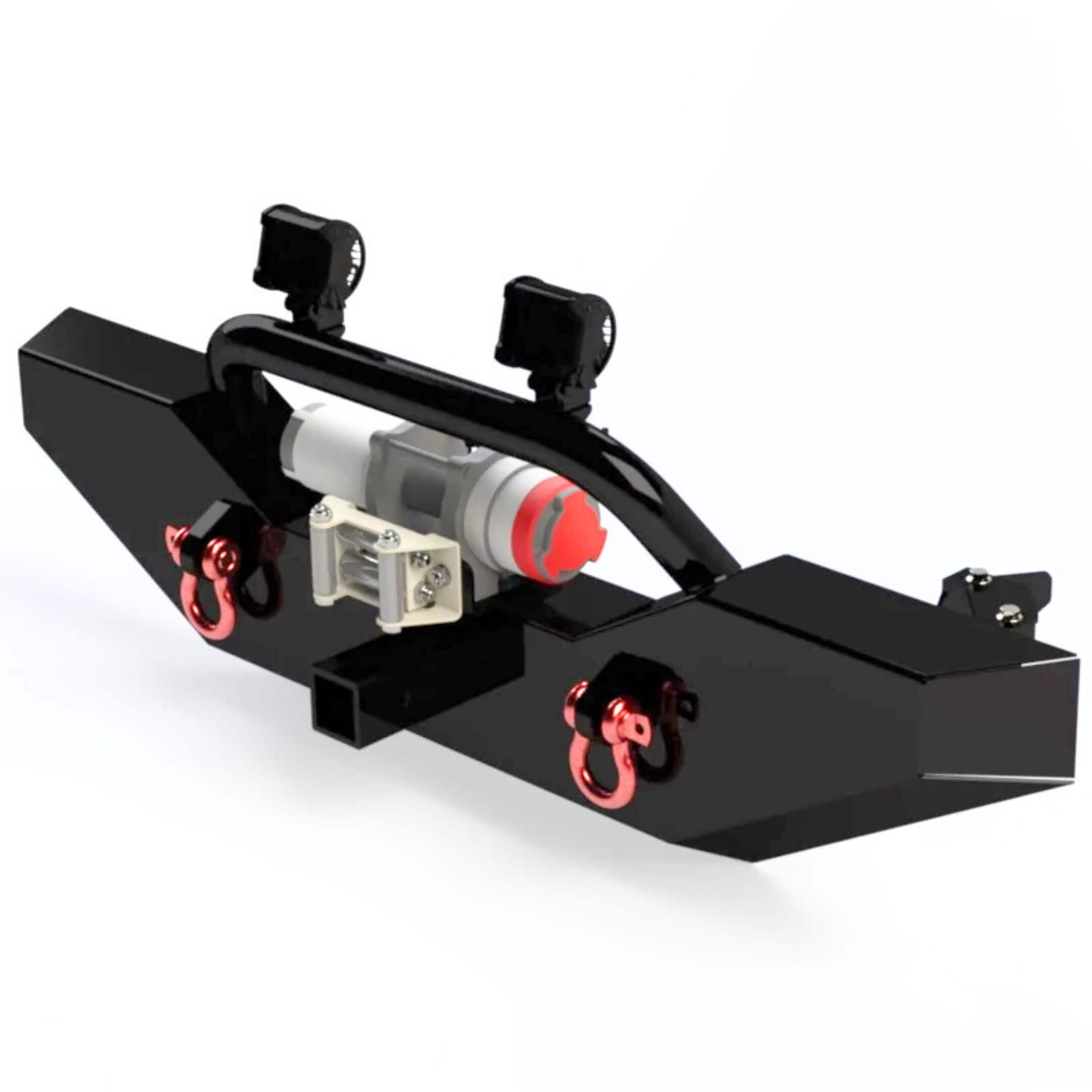 Render of Armor Front Bumper with winch, lights, and shackle mounts.