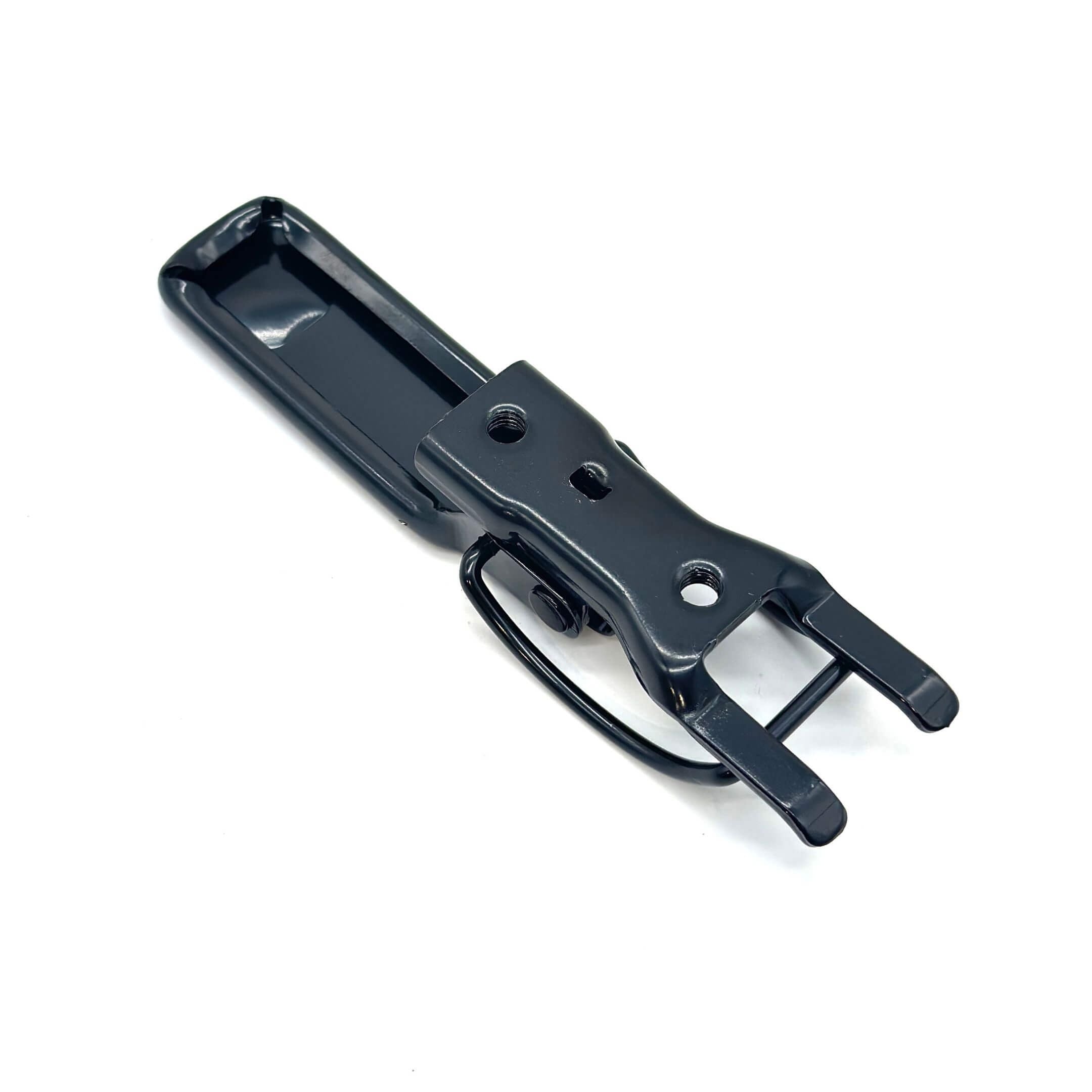 Rear view of Subaru Sambar TT1 TT2 bed gate latch assembly 50701TA001, steel construction.