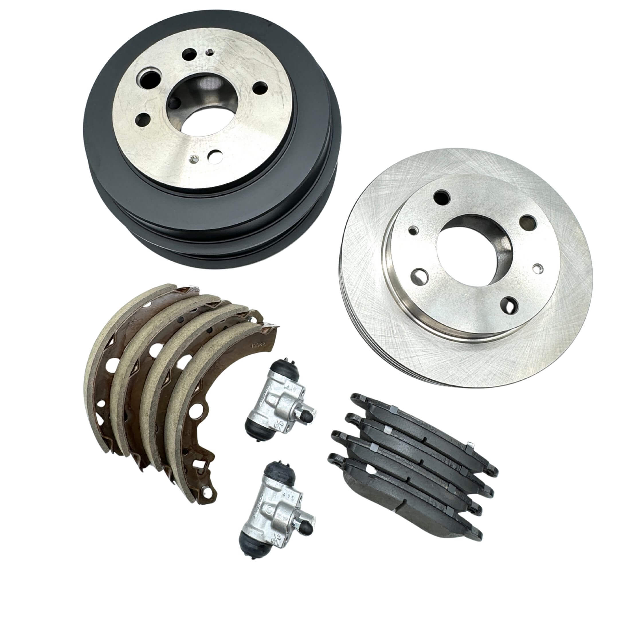 Subaru Sambar 14-piece brake kit with rotors, drums, pads, shoes, and wheel cylinders.