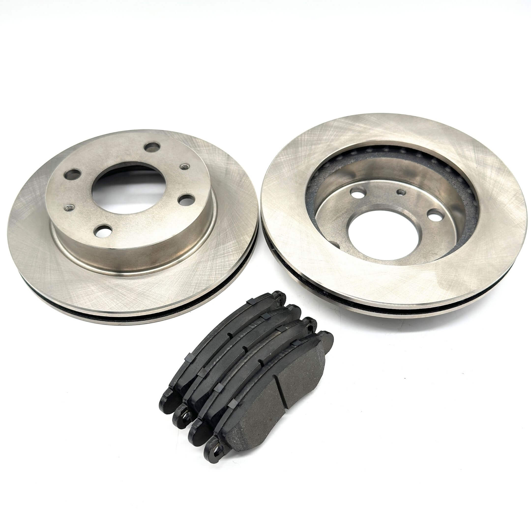 Brake Kit - 6 Piece featuring silver front brake rotors and black front brake pads for Subaru Sambar Wagon TW1, TW2 Models 1999-2012.