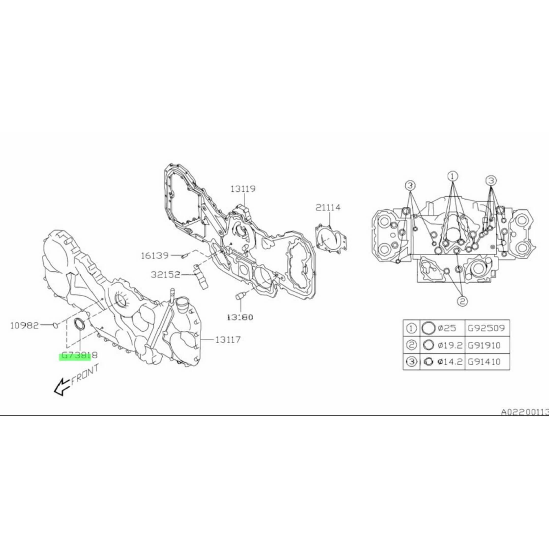 Technical diagram of Crankshaft Oil Seal for Subaru Sambar Truck TT1, TT2 Models (1999-2012), highlighting part placement and specifications.