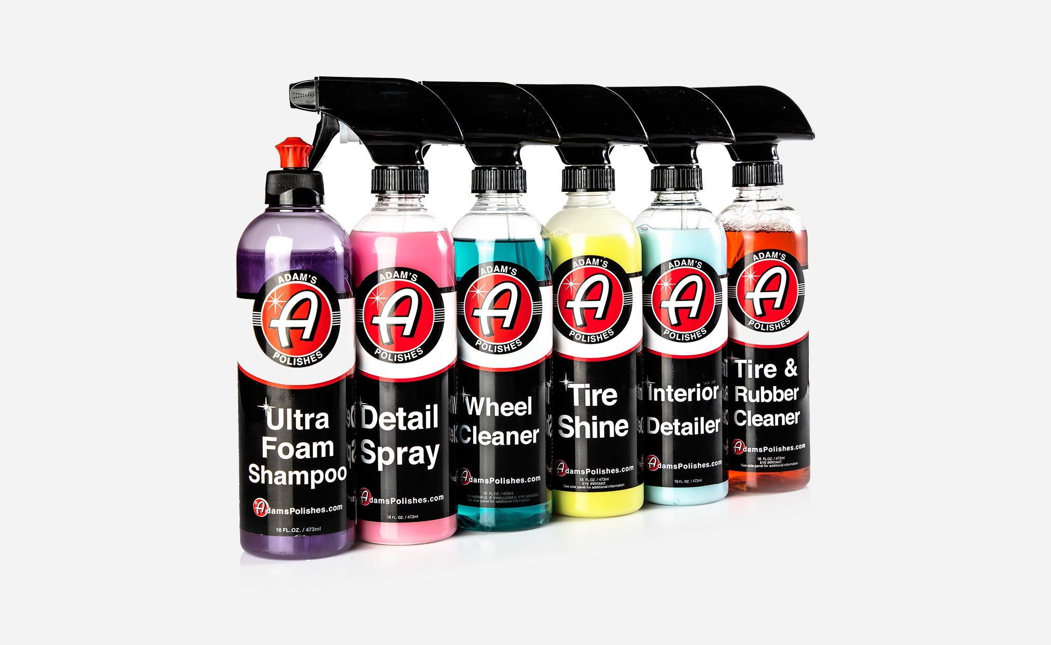 Car Cleaning Kit featuring Adam’s Polishes Elite Chemical 6 Pack—Ultra Foam Shampoo, Detail Spray, Wheel Cleaner, Tire Shine, Interior Detailer, and Tire & Rubber Cleaner.