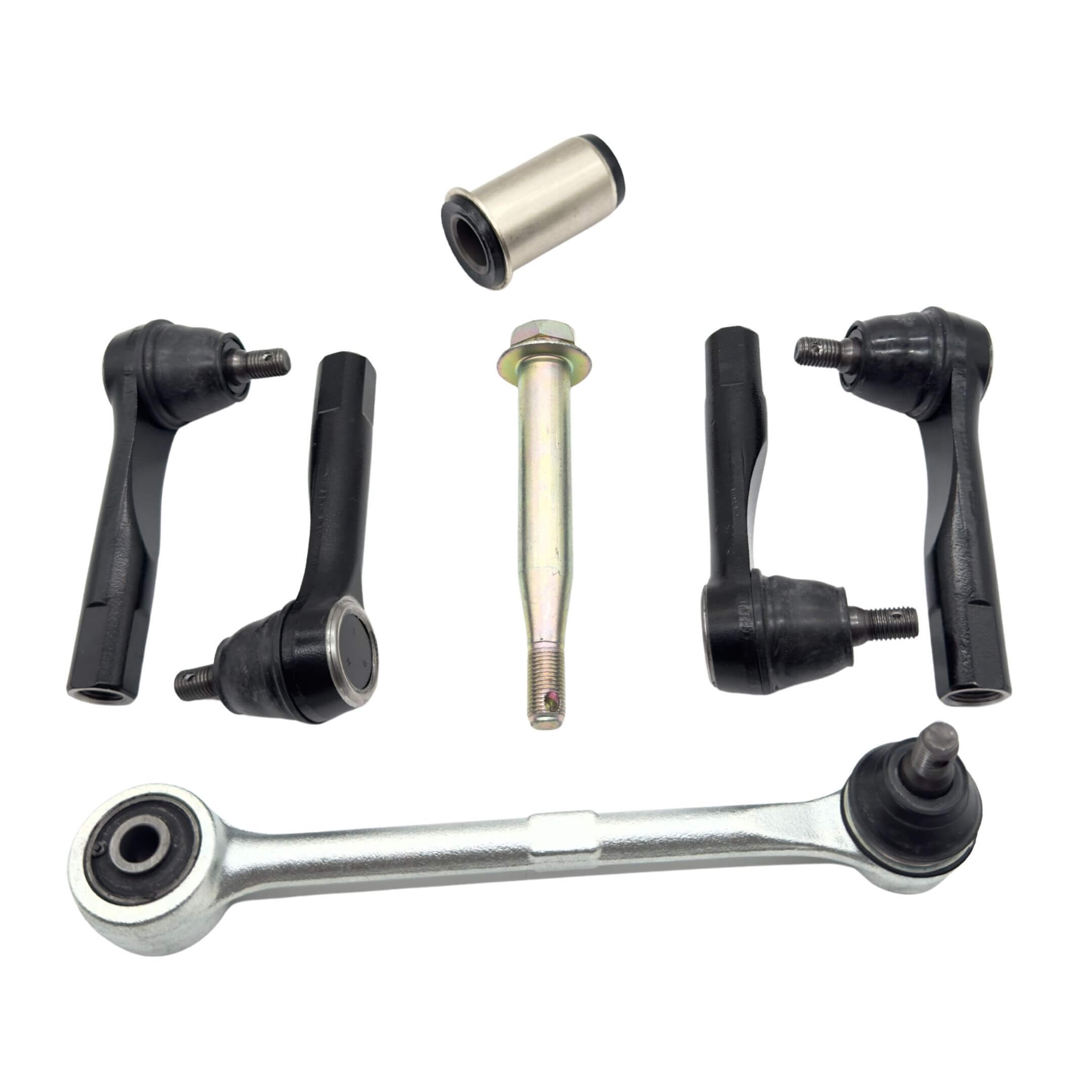 Steering Kit - 6 Piece for Subaru Sambar Truck TT1, TT2 Models (1999-2012) featuring center steering link assembly bushing, pin, drag link, and inner & outer tie rod ends in black and metallic fini...