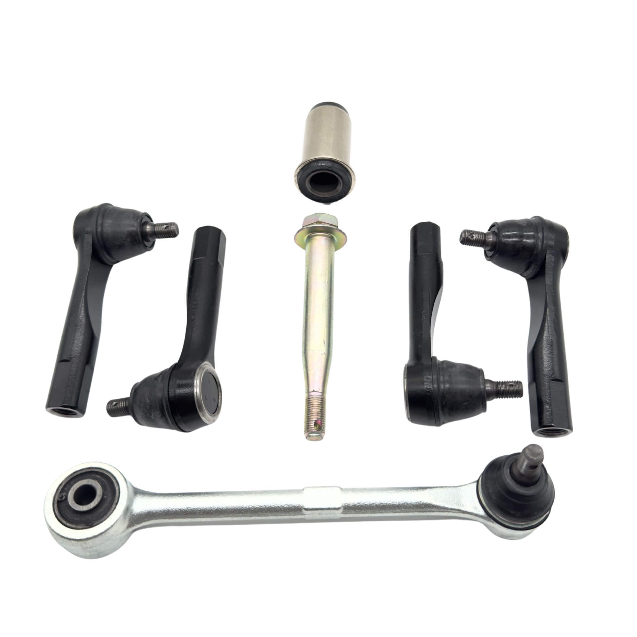 Steering Kit - 6 Piece - Genuine for Subaru Sambar Truck TT1, TT2 Models (1999-2012), featuring center steering link assembly bushing, center steering link pin, steering drag link, and inner & oute...