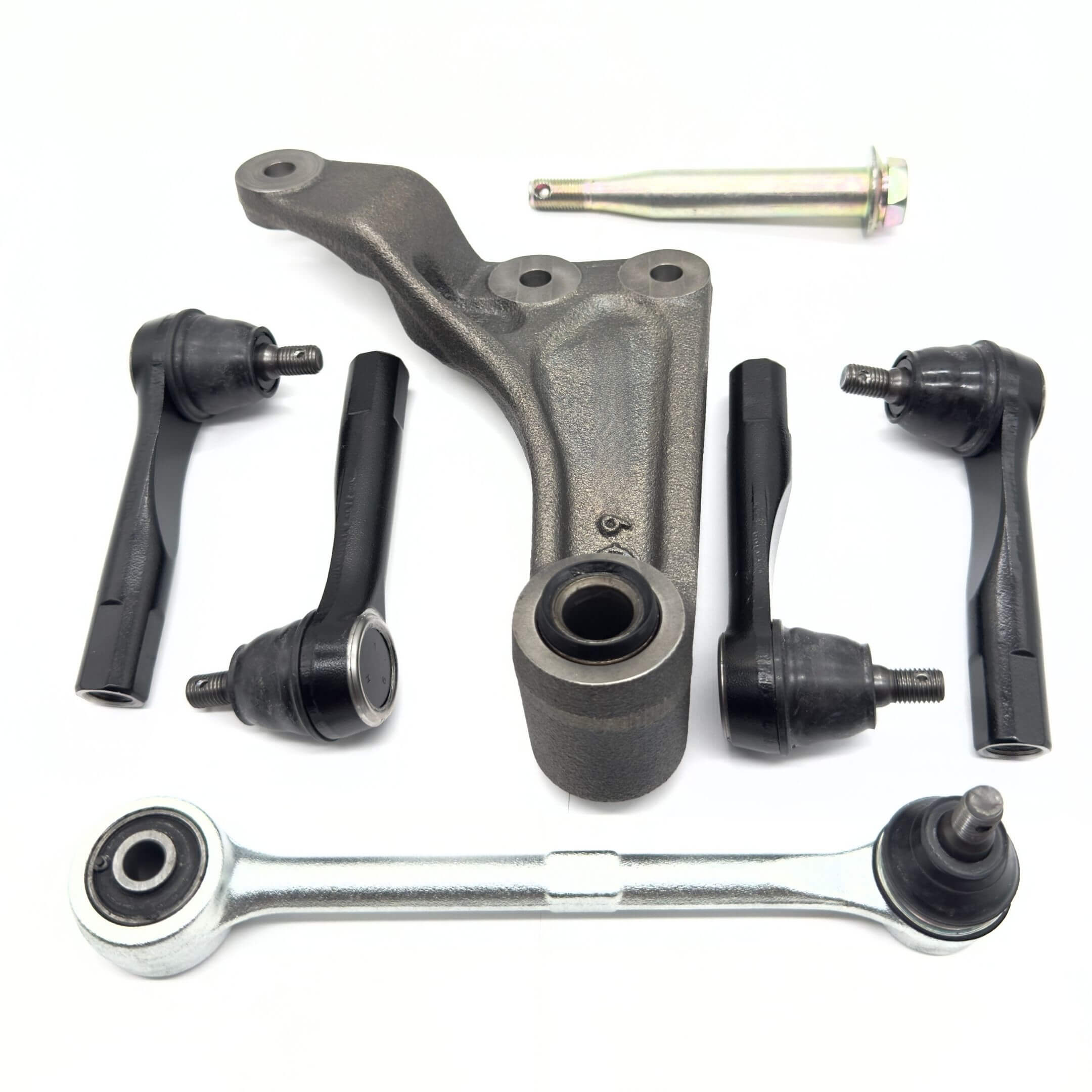 Steering Kit - 6 Piece - Aftermarket for Subaru Sambar Wagon TW1, TW2 (1999-2012), featuring center steering link assembly, pin, drag link, and tie rod ends in black and metallic finish.