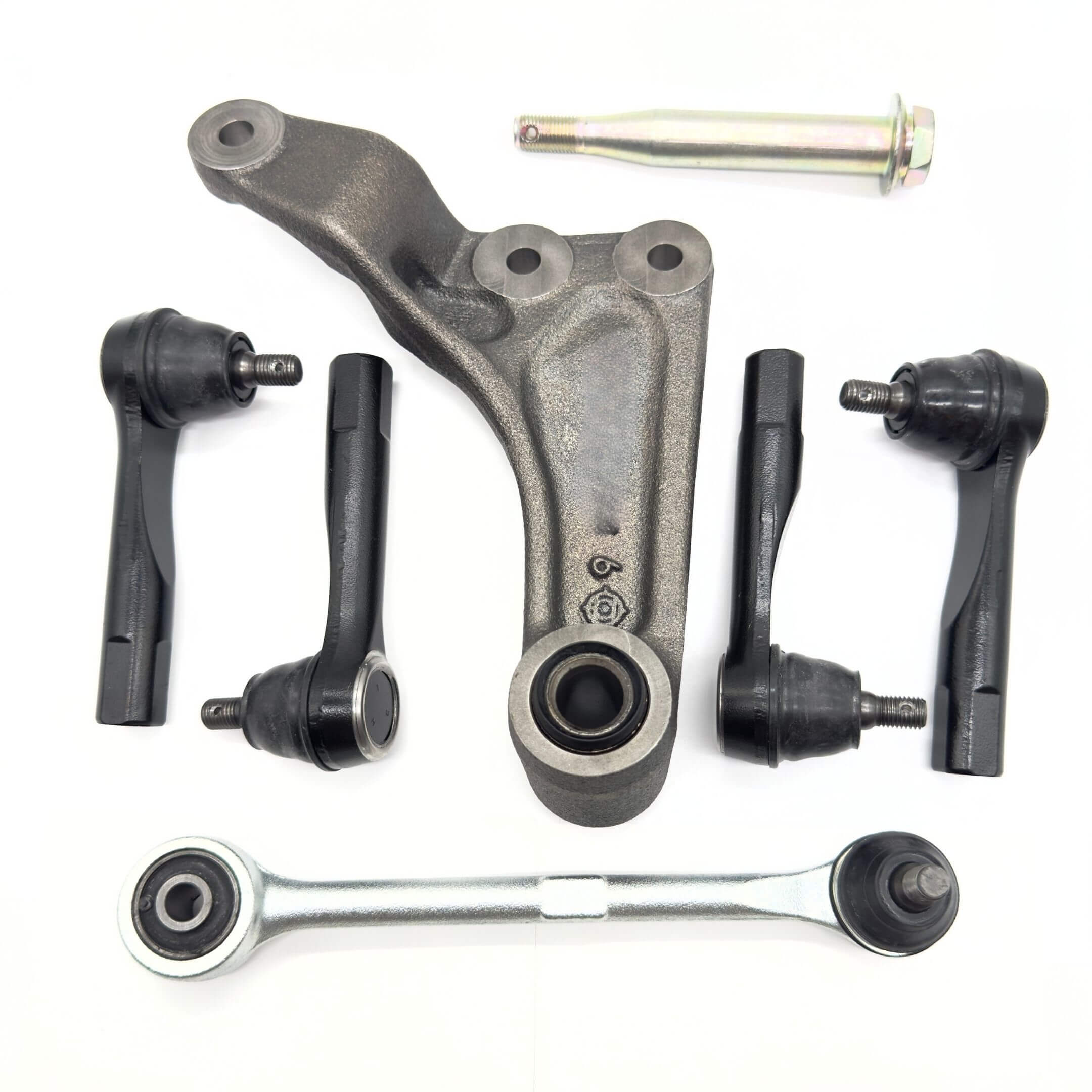 Steering Kit - 6 Piece - Aftermarket for Subaru Sambar Van TV1, TV2 Models (1999-2012), featuring Center Steering Link Assembly, Pin, Drag Link, Inner & Outer Tie Rod Ends in black and metallic f...