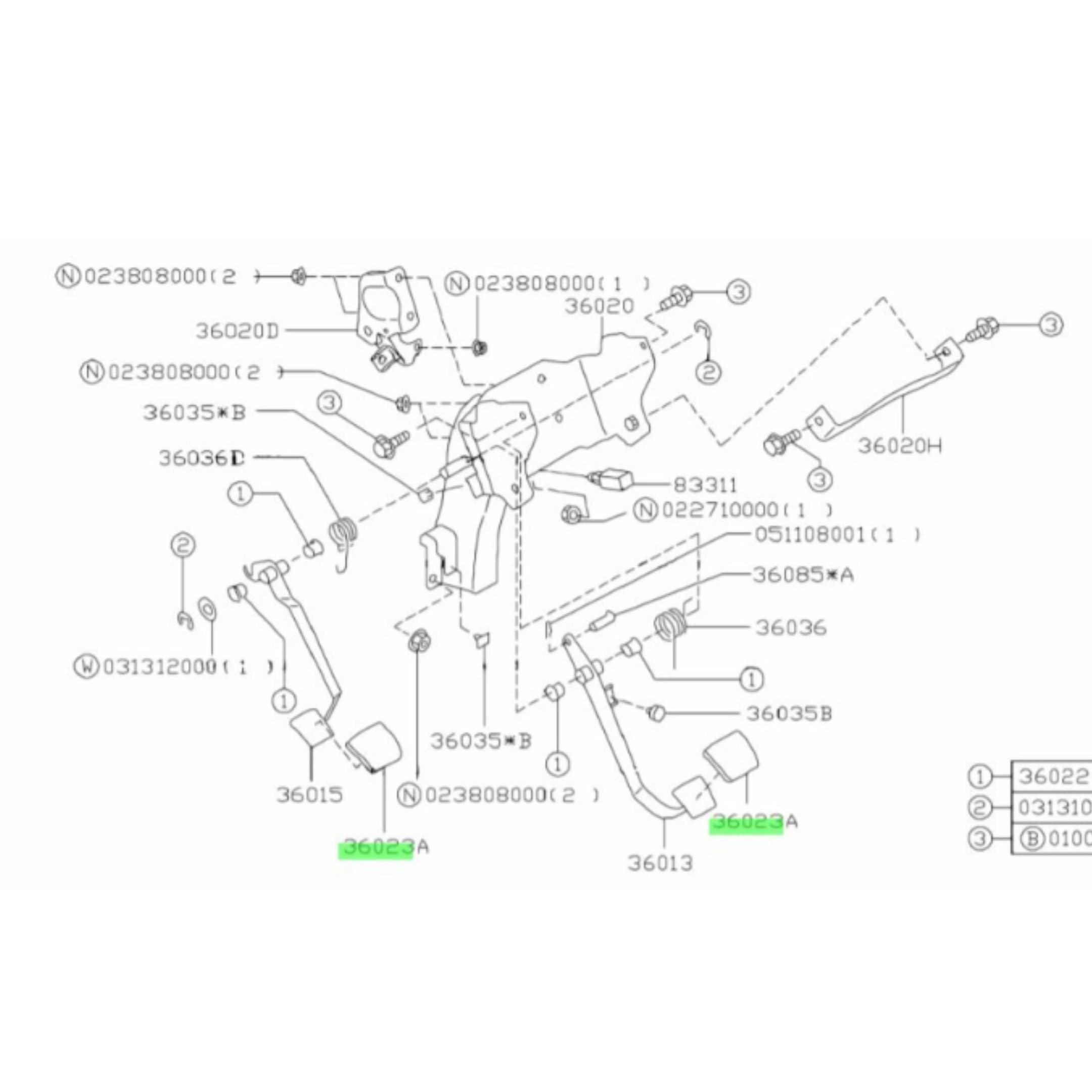 Technical diagram of genuine clutch and accelerator pads for Subaru Sambar Truck TT1, TT2 models (1999-2012).