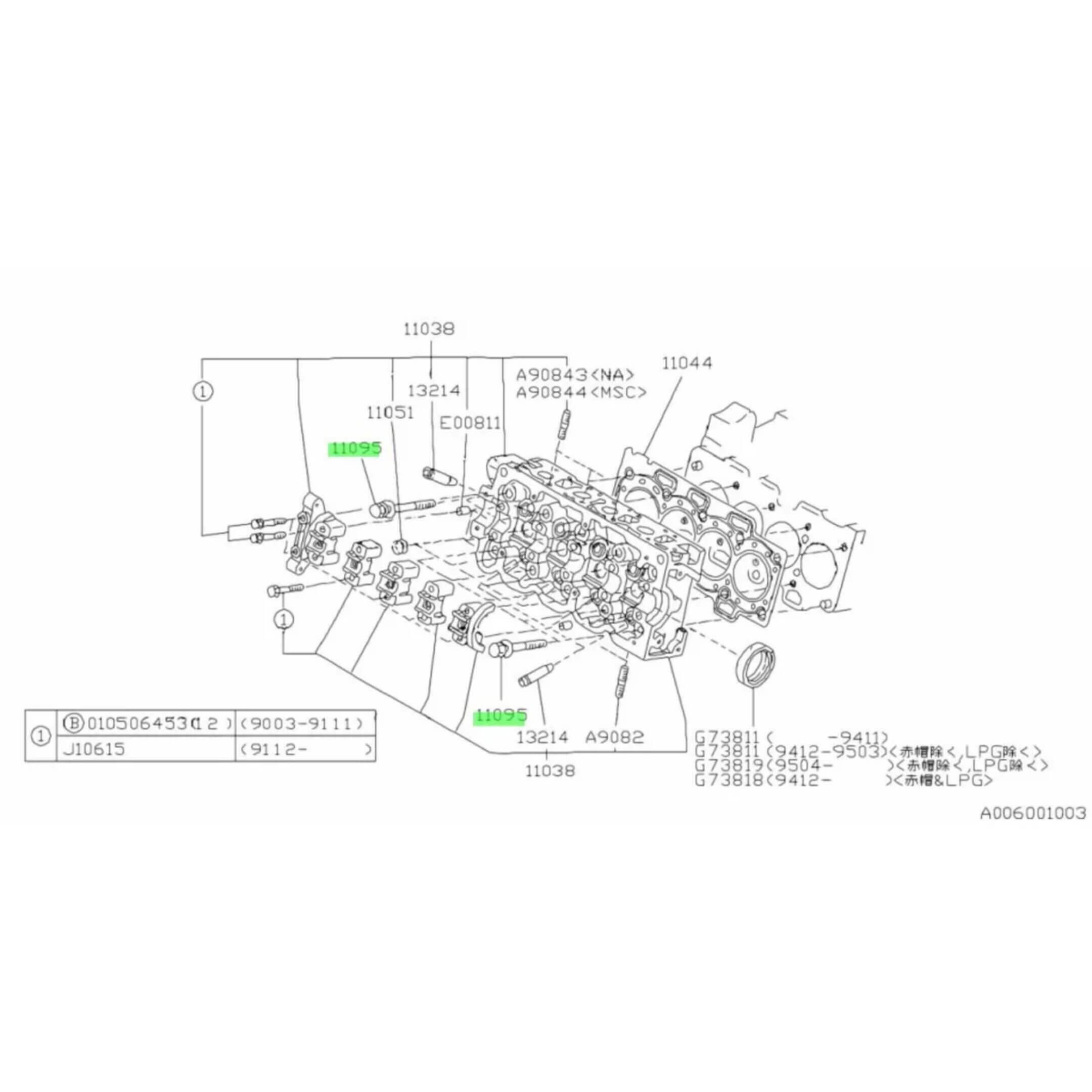 Technical diagram of Cylinder Head Bolt Kit, 10 Piece, for Subaru Sambar Wagon TW1, TW2 Models, 1999-2012.