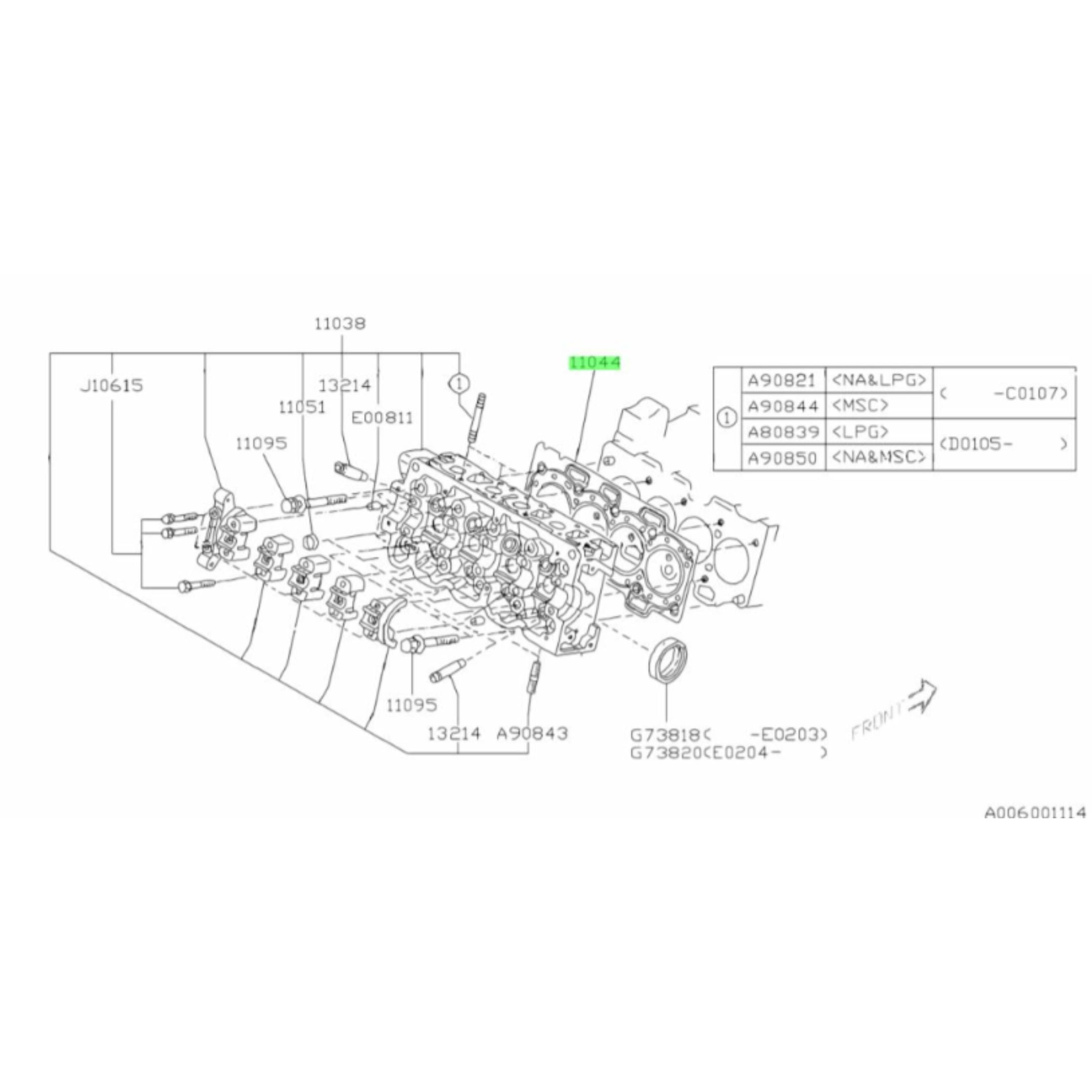 Technical diagram of a cylinder head gasket for Subaru Sambar Wagon TW1, TW2 models (1998-2003), highlighting part numbers and assembly layout.