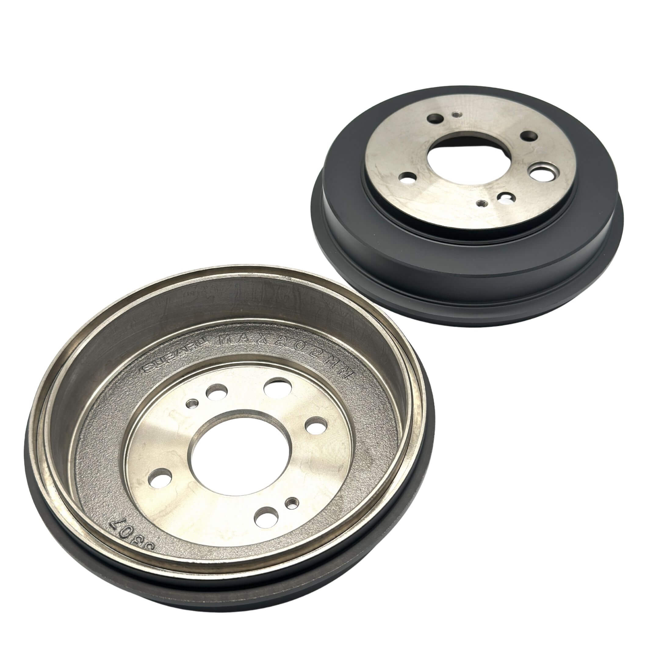 Subaru Sambar Truck TT1, TT2 drum brakes set, right and left, for 1999-2012 models, featuring durable metal construction with a sleek black and silver finish.