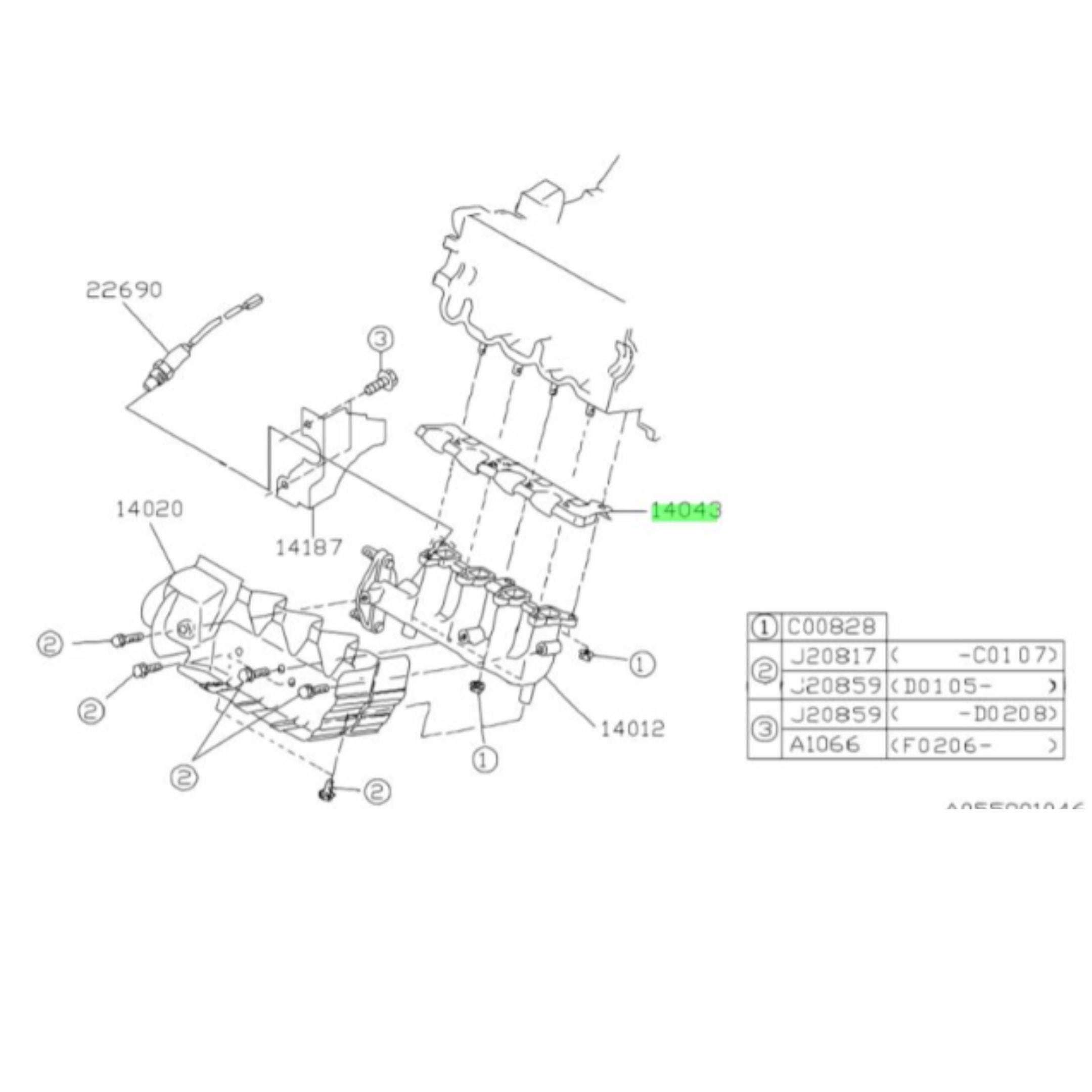 Technical diagram of Exhaust Manifold Gasket for Subaru Sambar Truck TT1, TT2 Models, 1999-2012, showcasing part placement and assembly details.