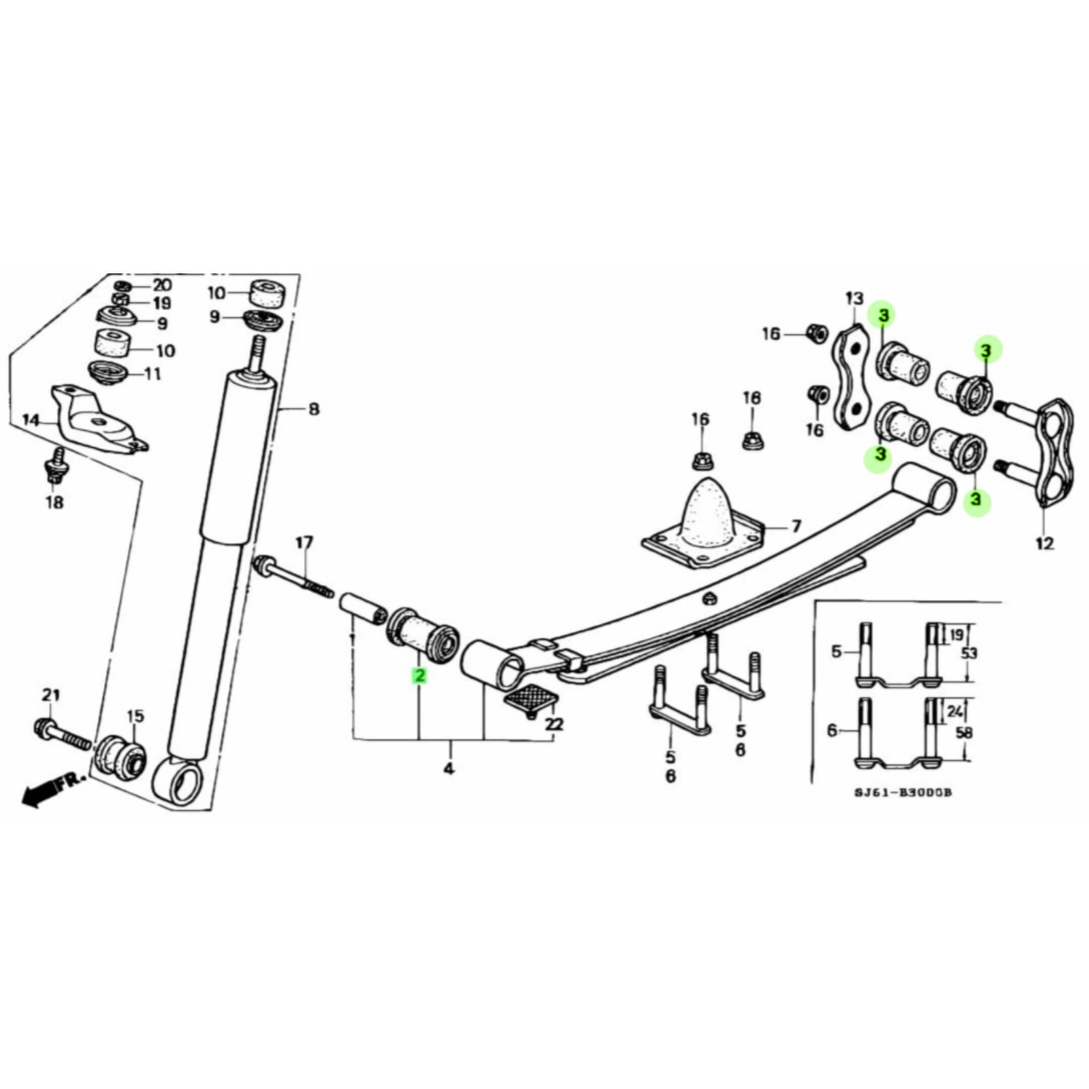 Leaf Spring Bushing Kit for Front and Rear, Left and Right, compatible with Honda Acty Van Models HH3, HH4 (1990-1999), featuring detailed assembly diagram.