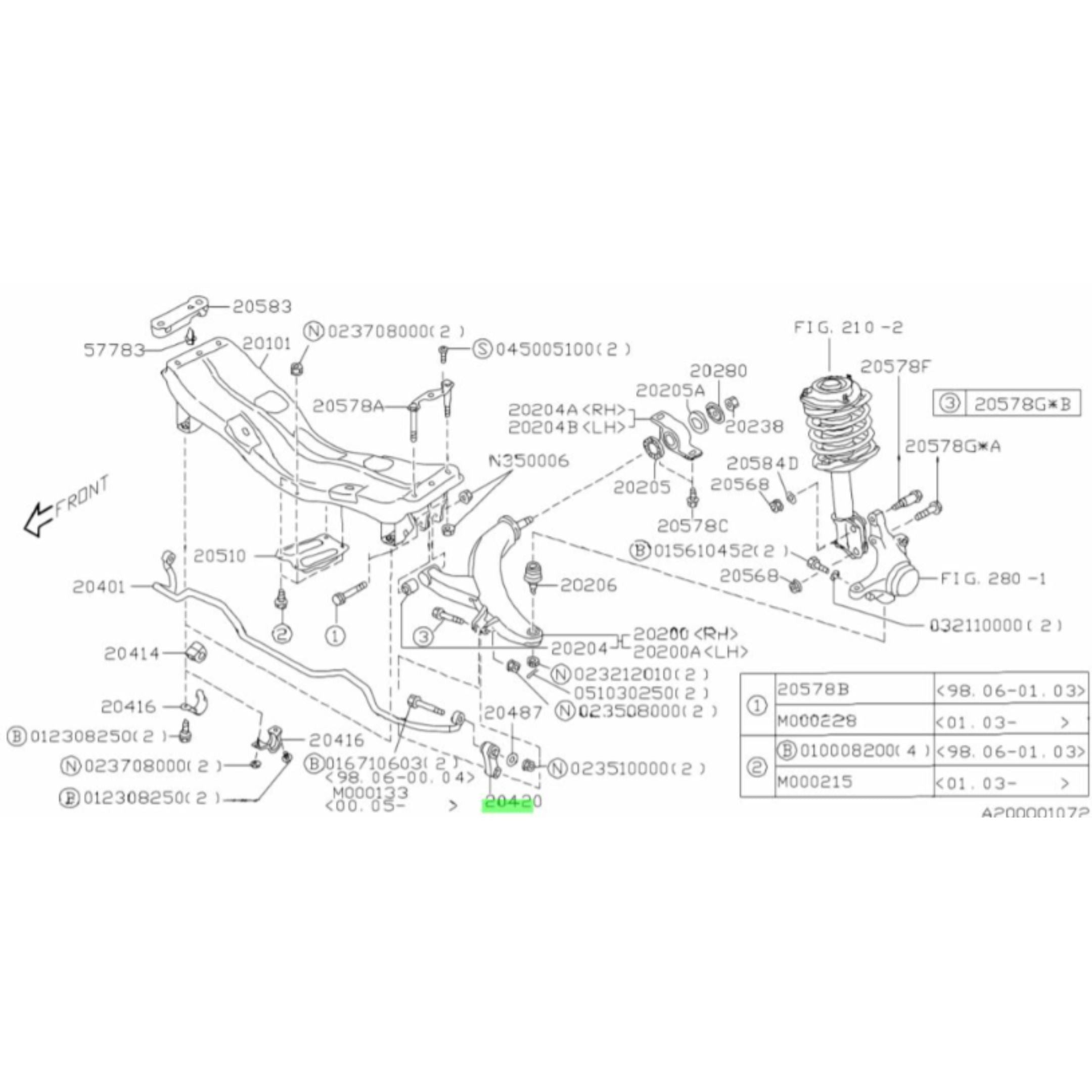Technical diagram of Front Stabilizer Link for Subaru Sambar Truck TT1, TT2 models (1999-2012), showcasing detailed parts and assembly layout.