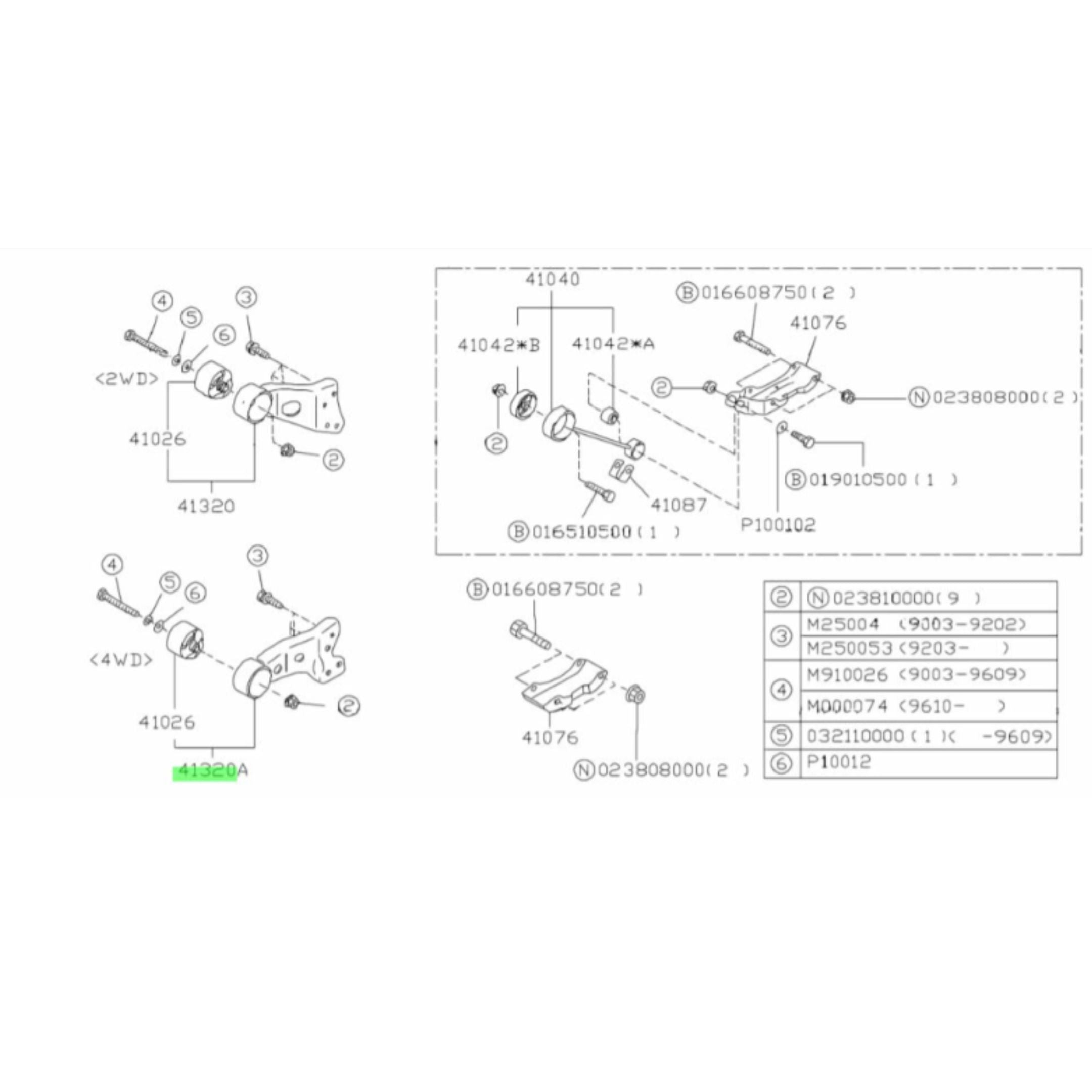 Technical diagram of a front transmission mount for 4WD and manual transmission Subaru Sambar Wagon TW2 model, 1999-2012.