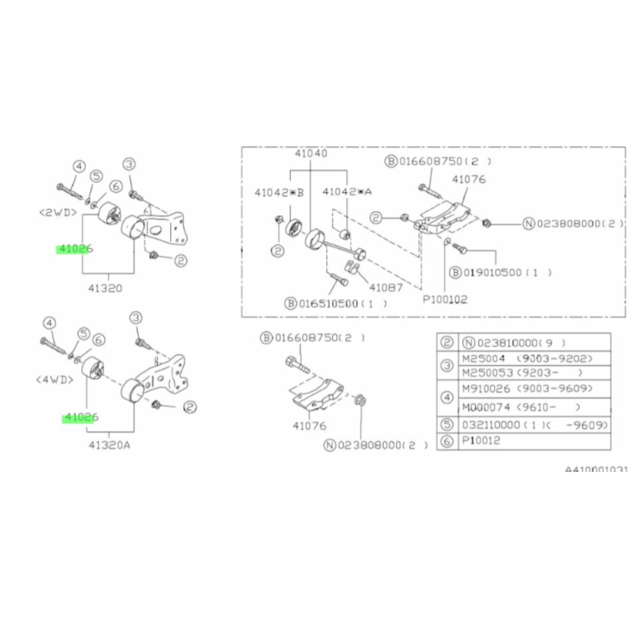 Technical diagram of Front Transmission Mount Bushing for 2WD Subaru Sambar Truck TT1 Model, 1999-2012, compatible with automatic transmission.