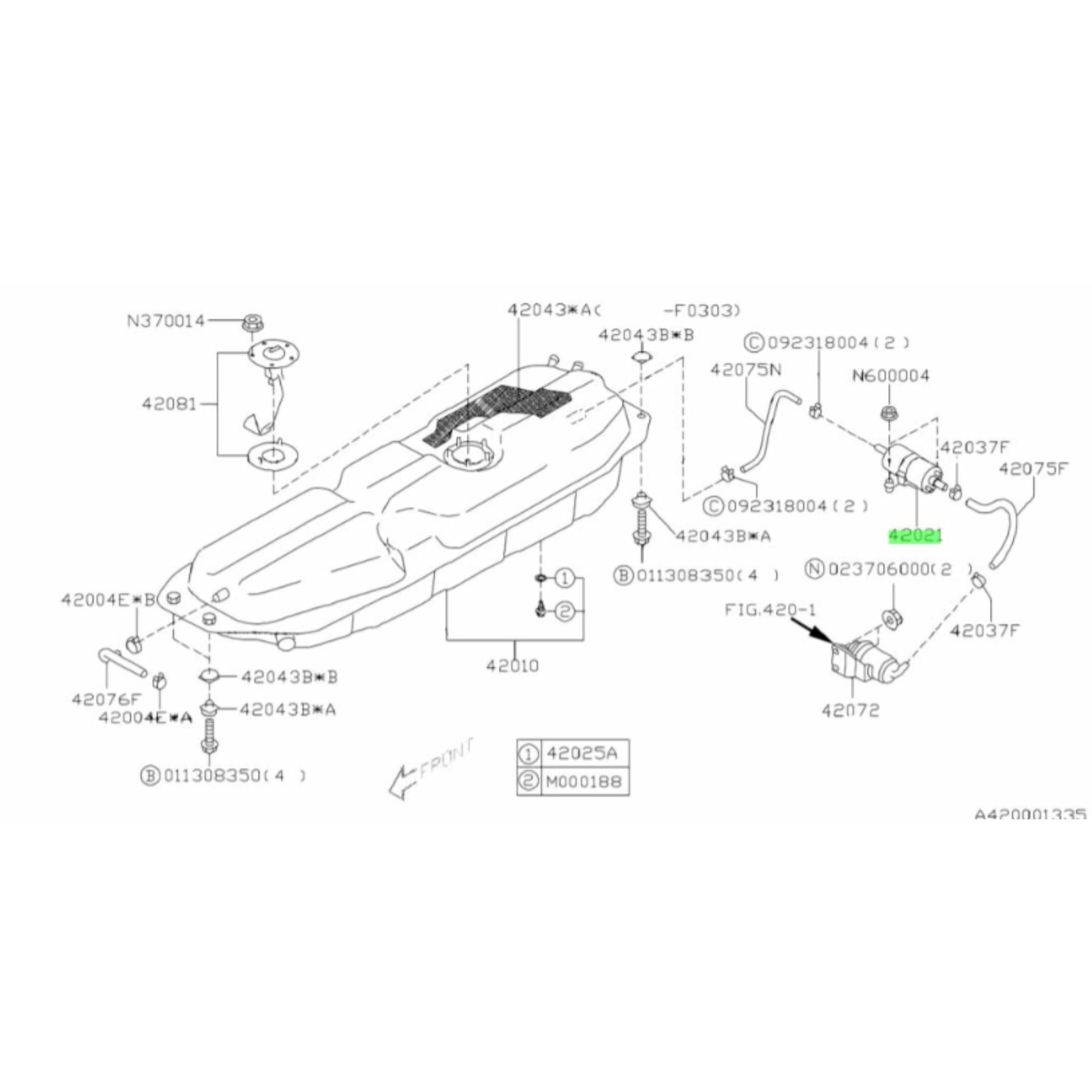 Technical diagram of aftermarket fuel pump for Subaru Sambar Truck TT1, TT2 models (1999-2012), showcasing detailed parts and connections.