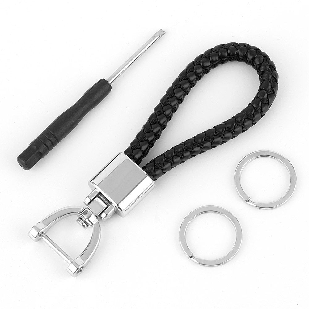Classic Black Hand-Woven Leather Keychain
