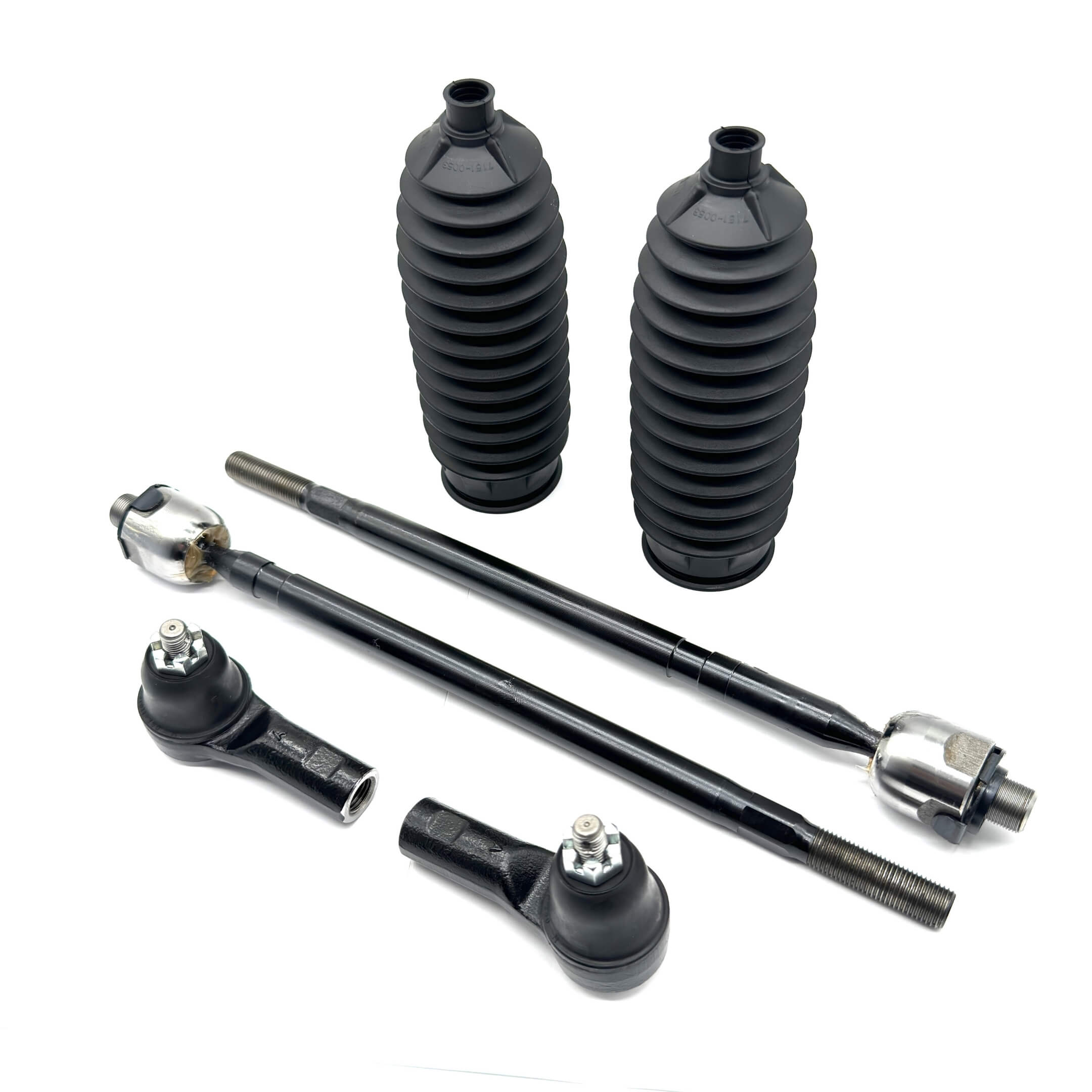 Steering Upgrade Kit - 6 Piece for Honda Acty Truck HA6, HA7 Models (1999-2009) featuring black inner and outer tie rods and steering rack boots.