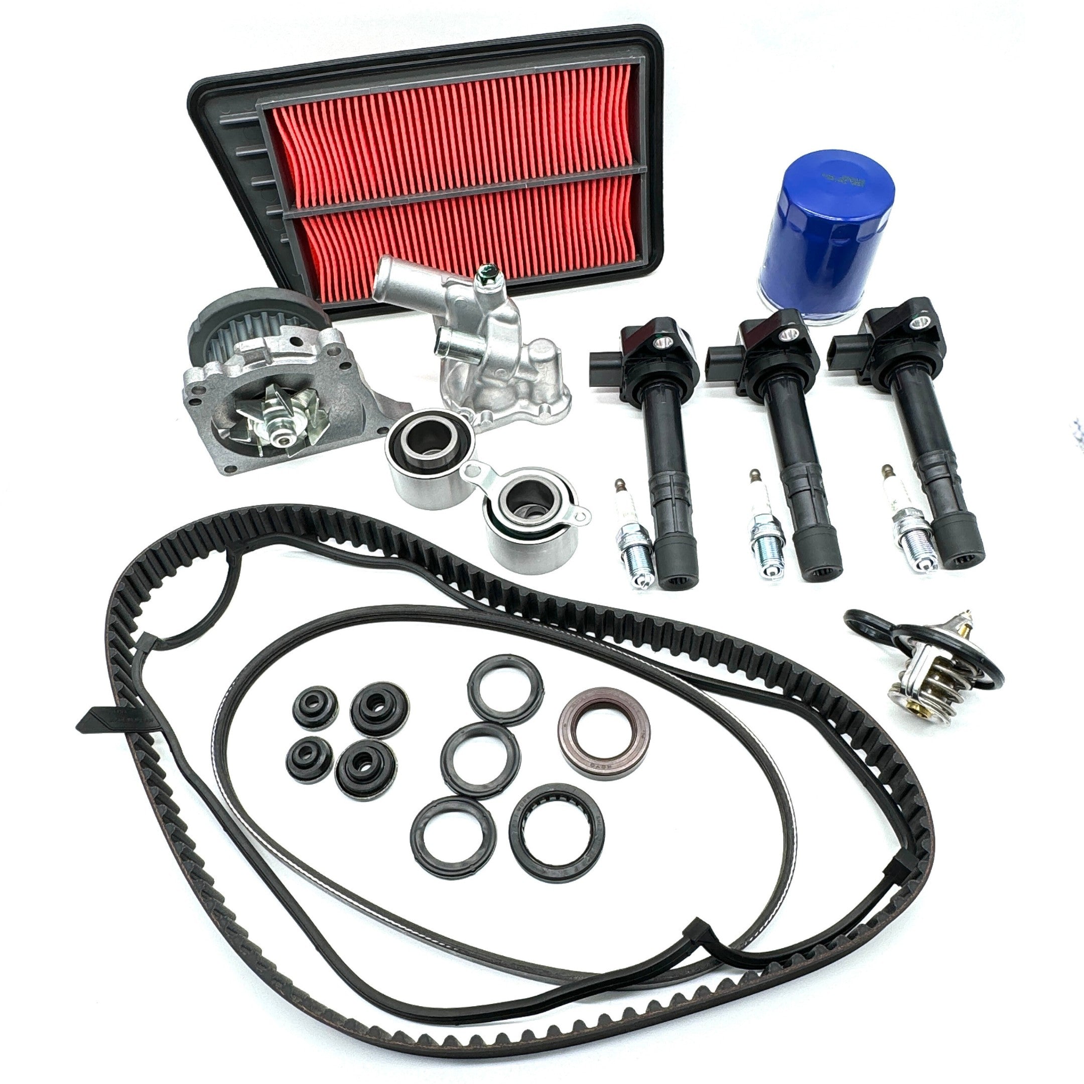 Timing Belt Kit - 25 Piece for Honda Vamos Van HM1, HM2 Models 1999-2009 featuring black belts, red air filter, and essential components.