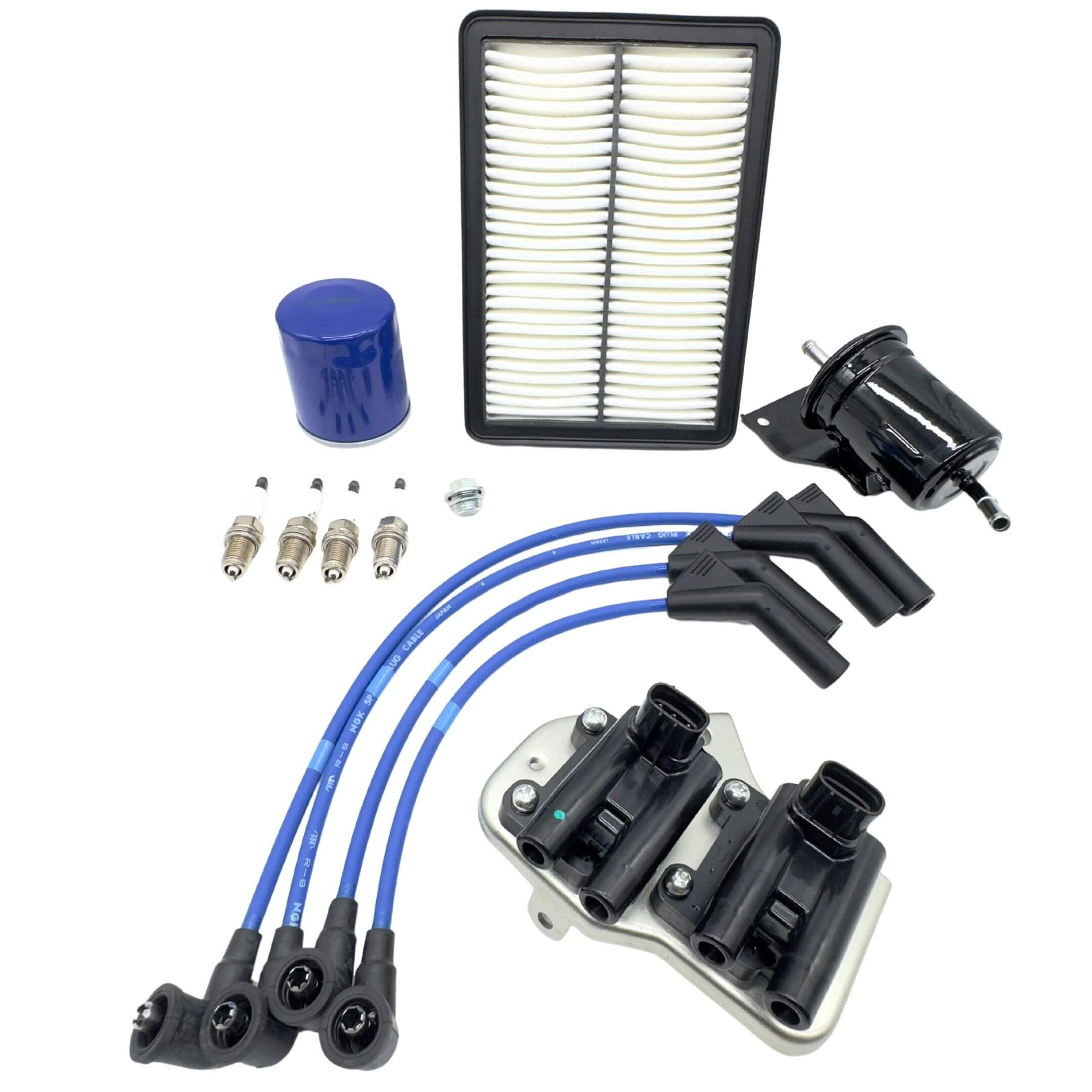 Ignition Kit - 7 Piece for Subaru Sambar Truck TT1, TT2 Models with Supercharger (8/2001 - 4/2012), featuring blue spark plug wires, spark plugs, ignition coil assembly, blue oil filter, air filter...