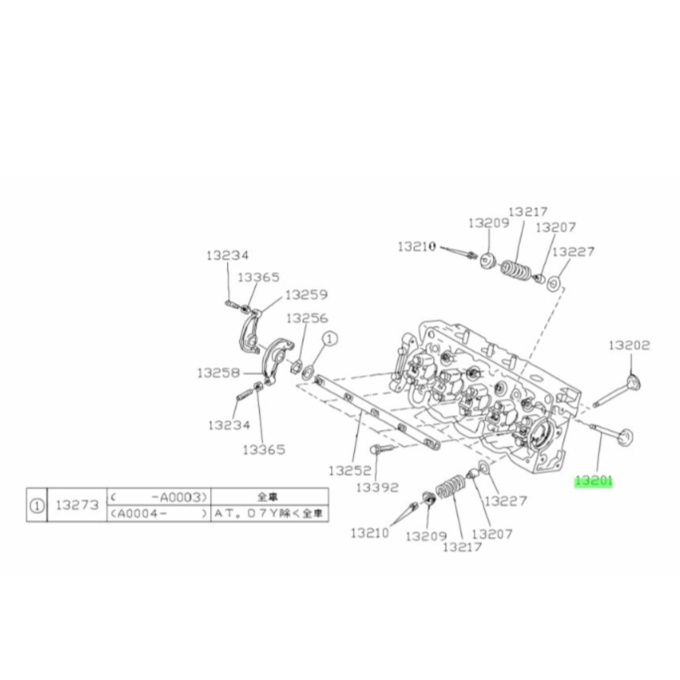 Technical diagram of the intake valve 13201KA103 for Subaru Sambar Wagon TW1, TW2 models from 1999-2012, showcasing detailed parts layout.
