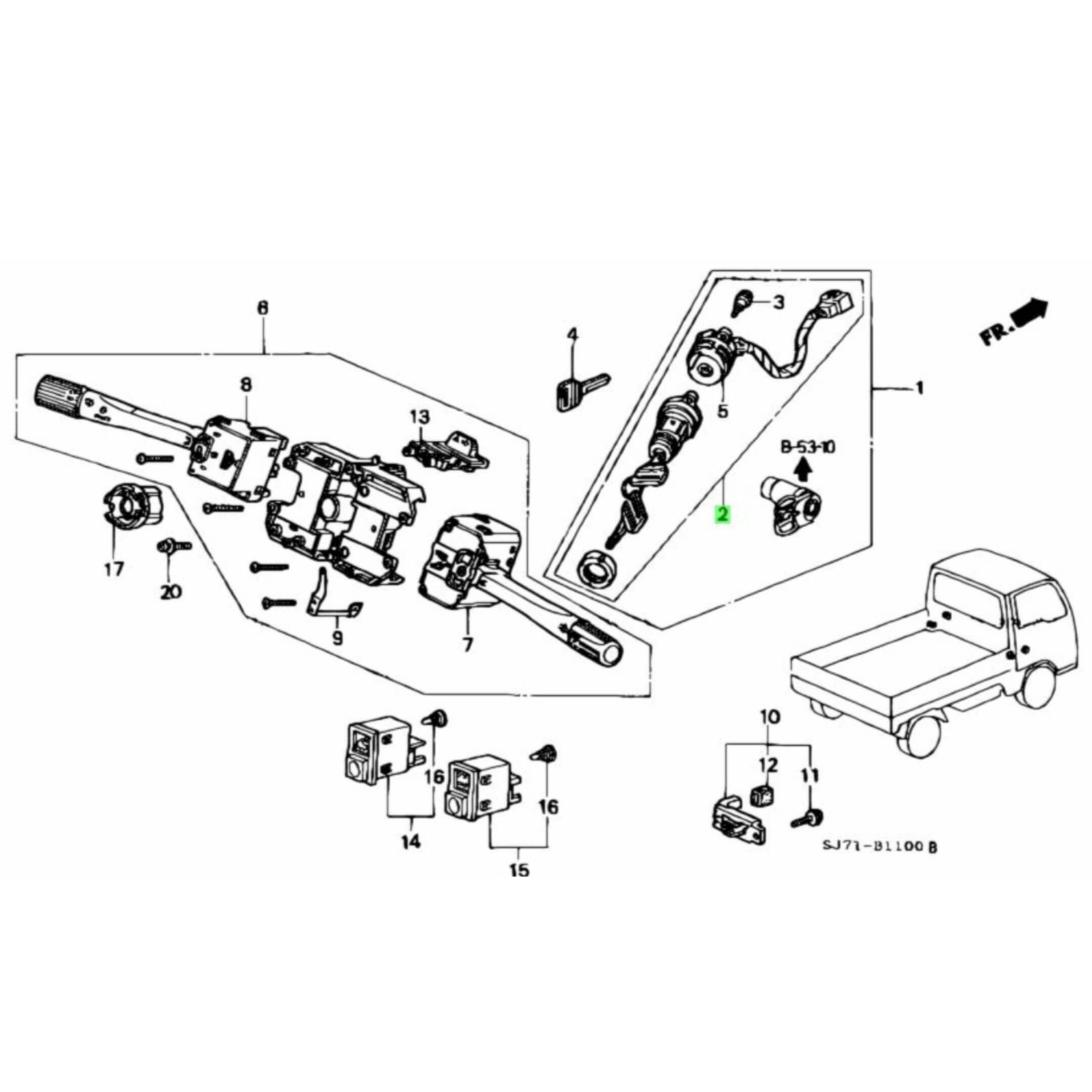 Ignition Switch Assembly with Key Cylinder for Honda Acty Truck Models HA3, HA4 (1990-1999), featuring detailed components and wiring diagram.