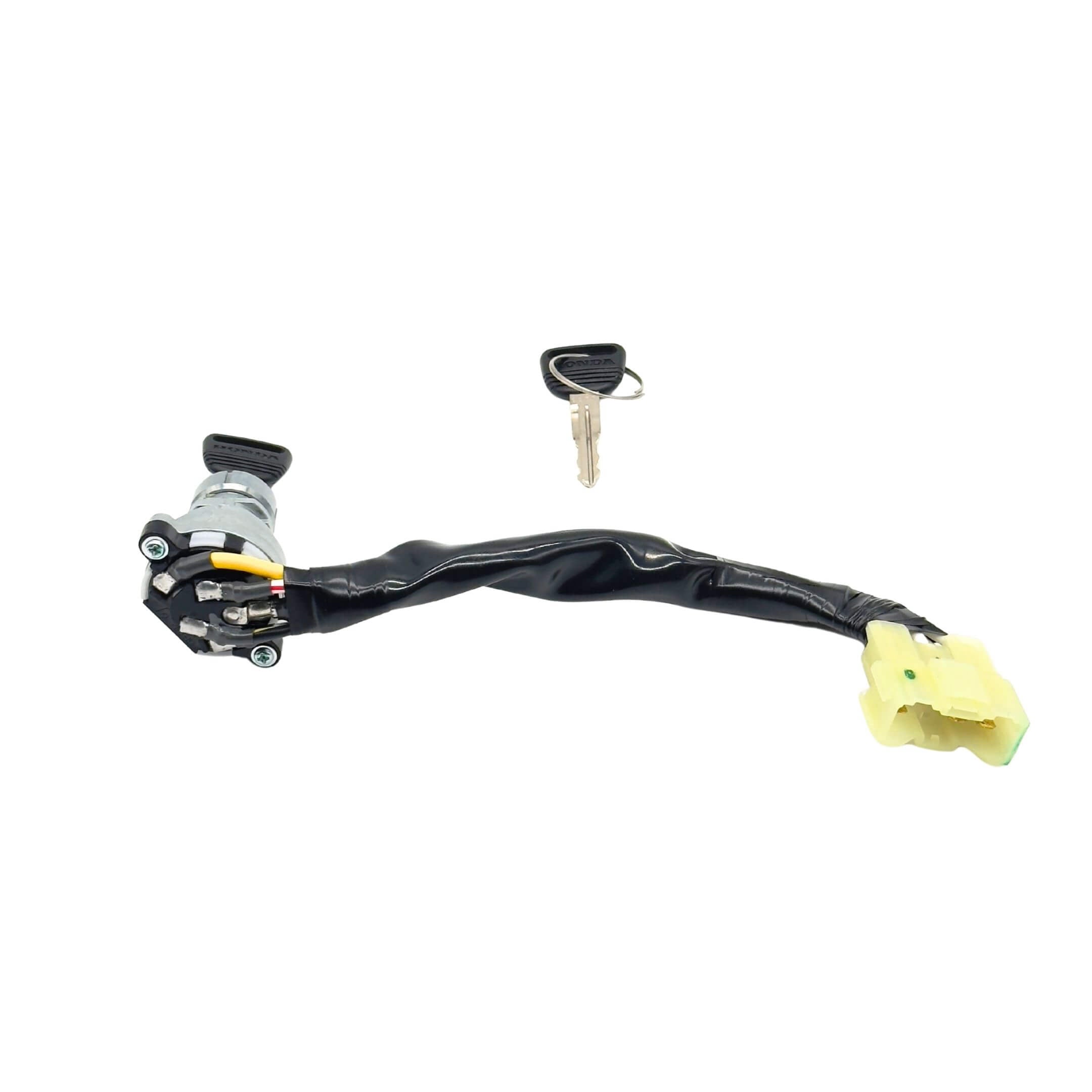 Ignition Switch Assembly with Key Cylinder for Honda Acty Truck Models HA3, HA4 (1990-1999) featuring a black wrapped wire and yellow connector.