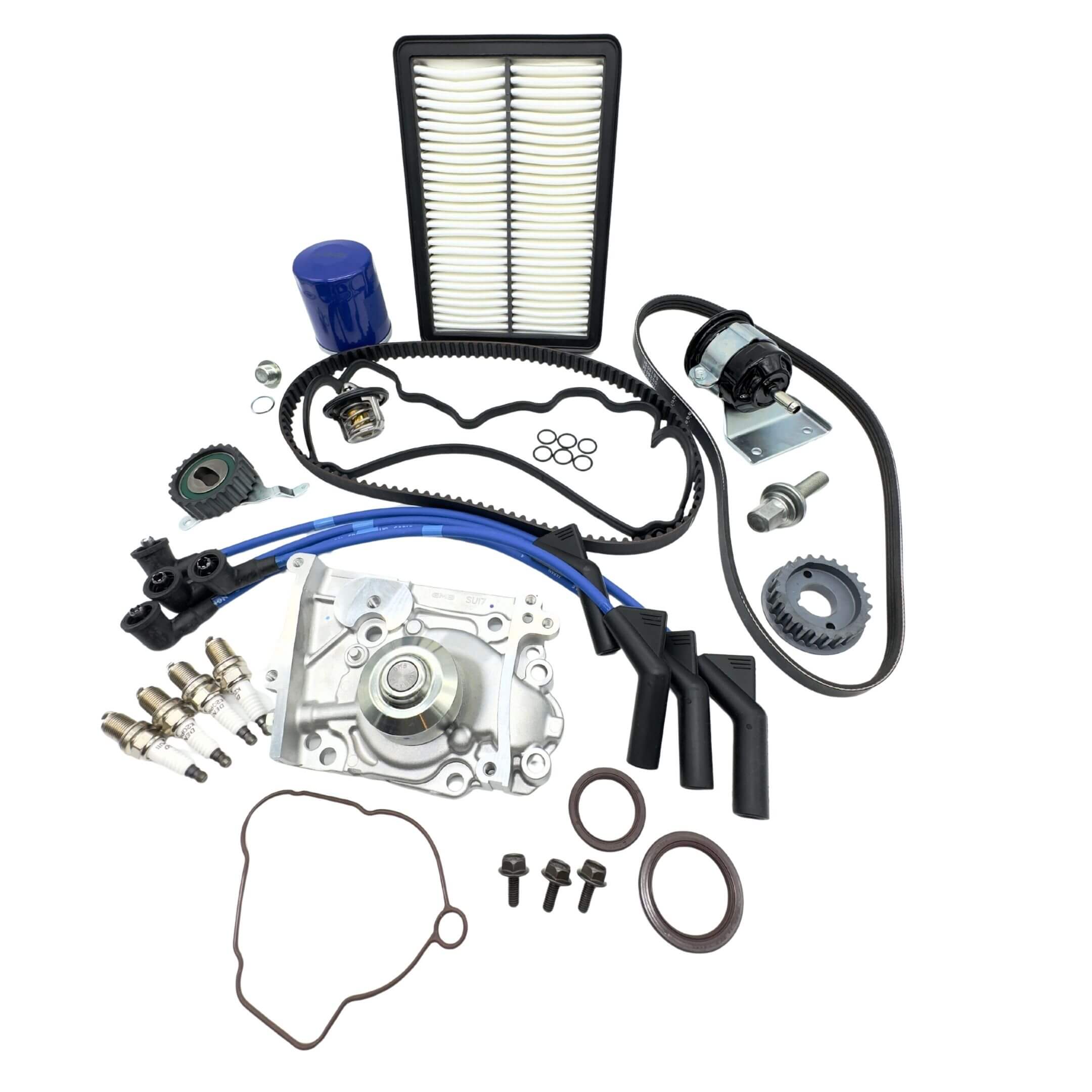 Mega Timing Belt & Ignition Kit, 33-piece set with Fuel Filter Type A, designed for Subaru Sambar Truck TT1, TT2 Models EN07 (LPG) from 2/1999 to 4/2012, featuring essential components in a technic...