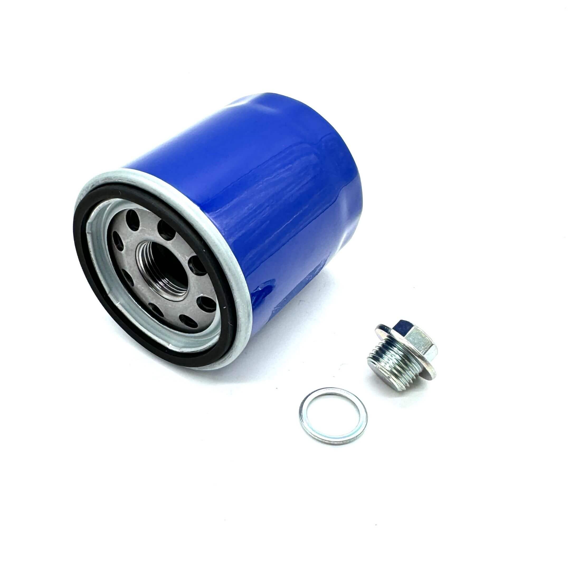 Blue aftermarket oil filter and drain plug for Subaru Sambar Van TV1, TV2 models, 1999-2012.