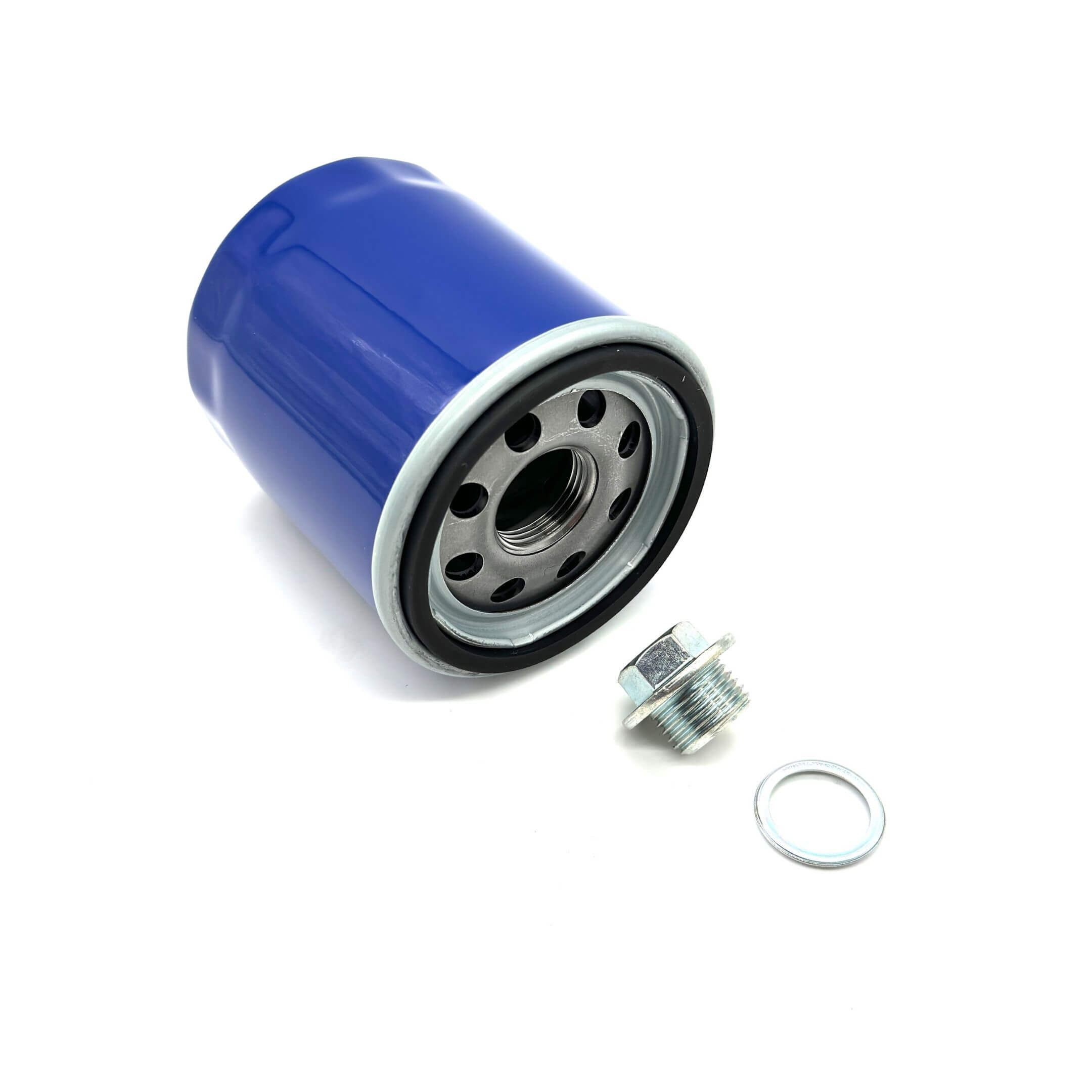 Blue aftermarket oil filter and drain plug for Subaru Sambar Truck TT1, TT2 models (1999-2012).