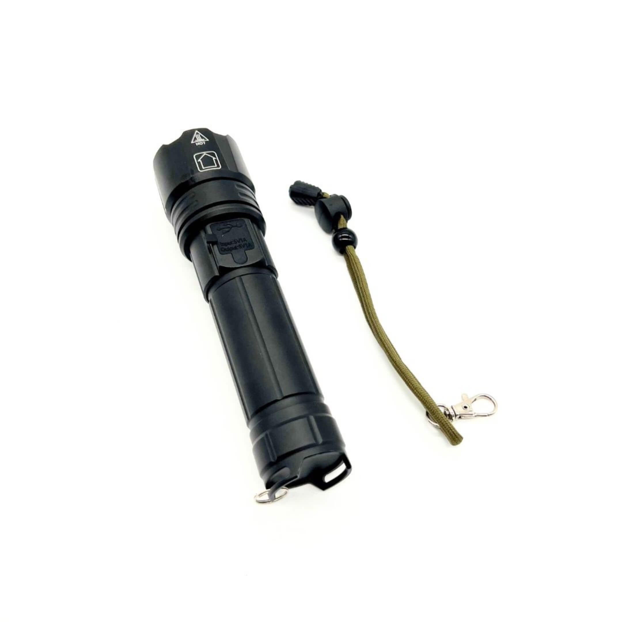 Oiwa UltraBeam 300W USB LED Flashlight displayed with olive paracord lanyard on a clean white background.