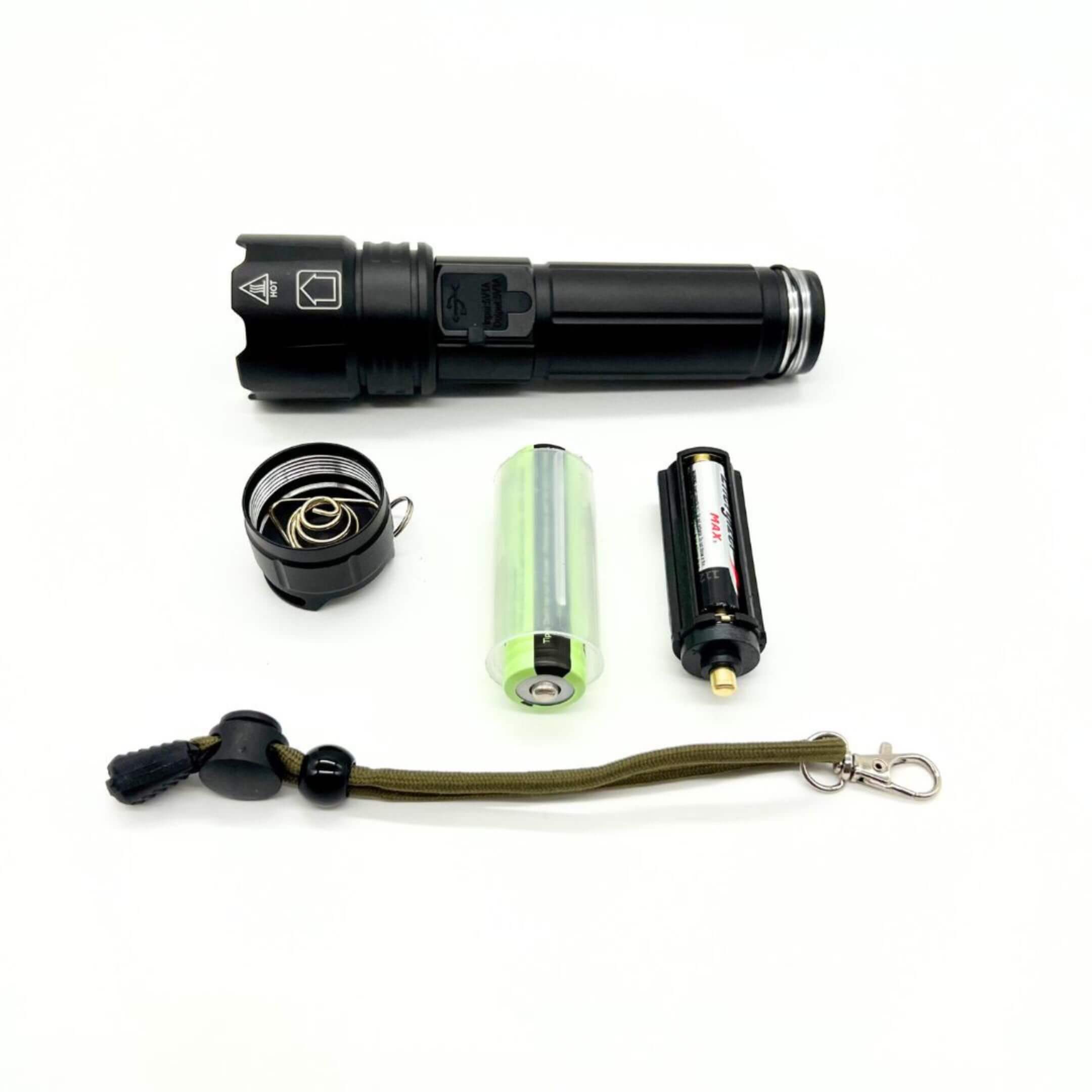 Oiwa UltraBeam 300W USB LED Flashlight disassembled into 18650 battery, AA battery holder, battery sleeve, tail cap, and lanyard on white backdrop.