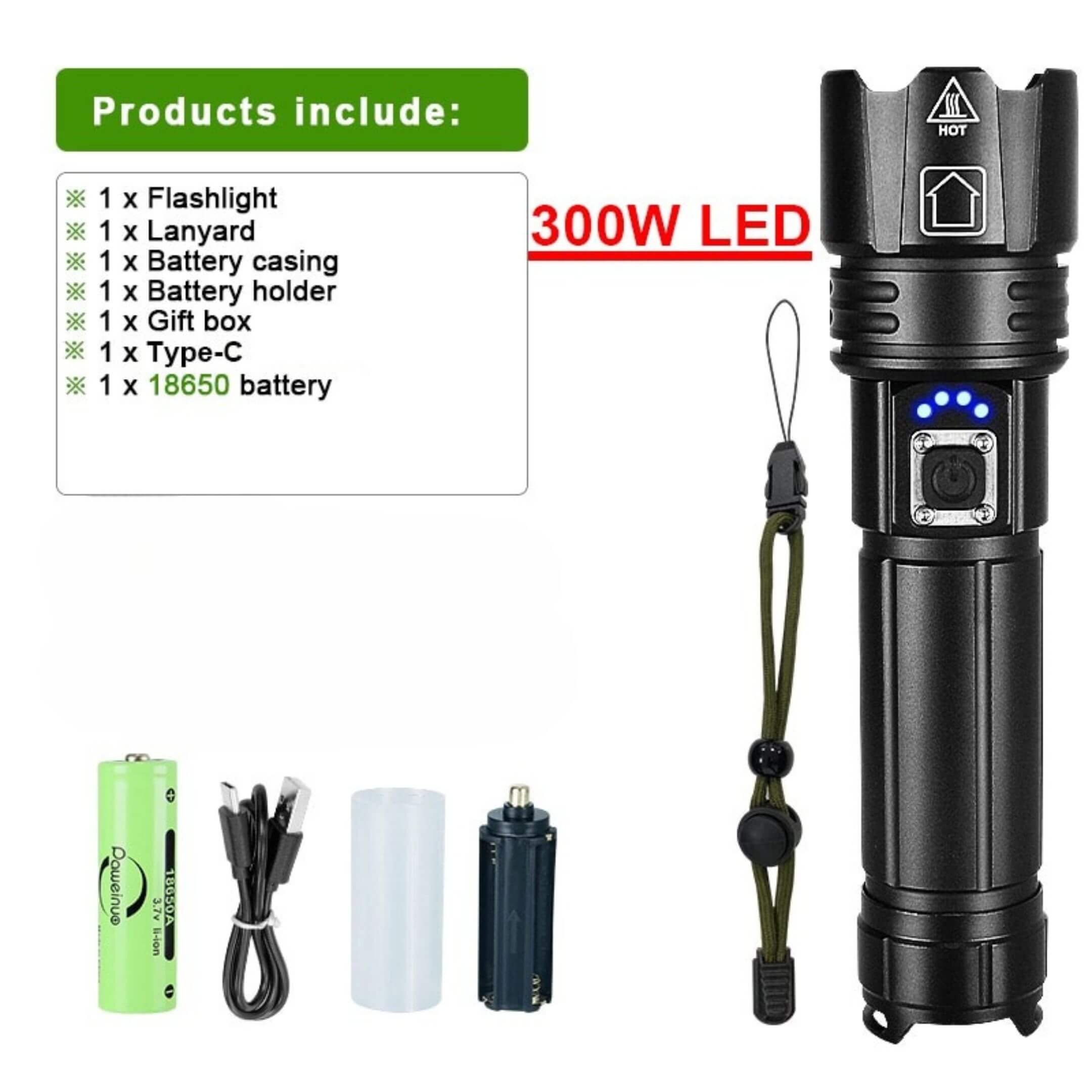 Oiwa UltraBeam 300W USB LED Flashlight kit including flashlight, 18650 battery, battery casing, AA battery holder, Type‑C cable, gift box, and tactical lanyard.