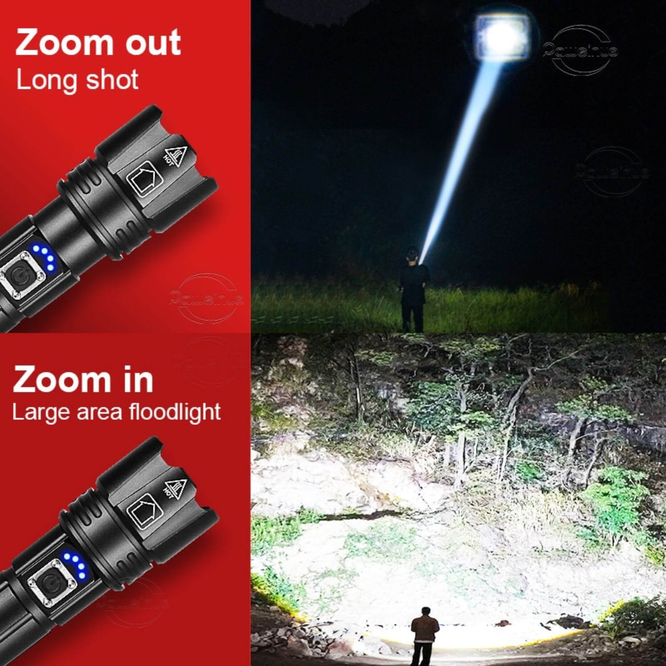Oiwa UltraBeam 300W USB LED Flashlight in long‑shot mode projecting a concentrated beam across a dark field at night.