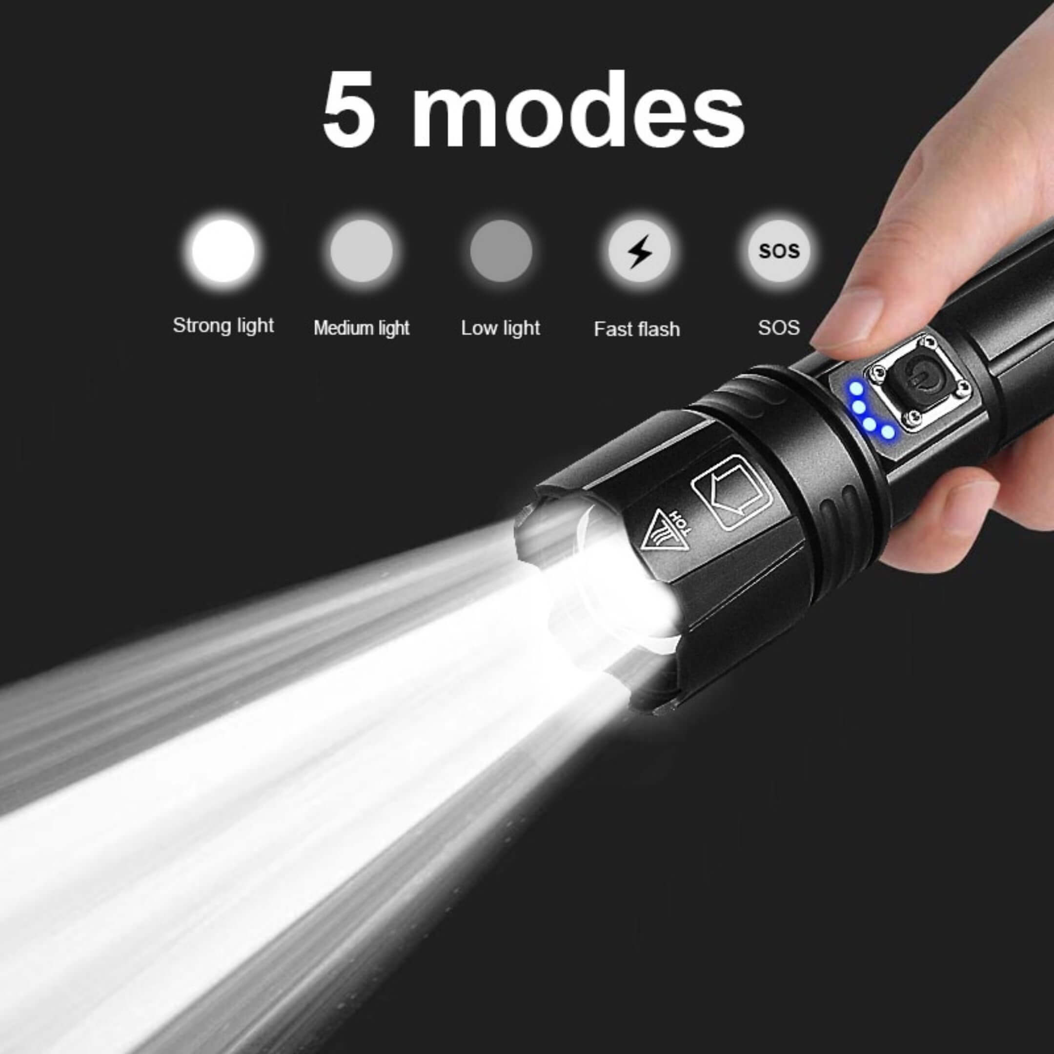 User toggling one of the five modes on the Oiwa UltraBeam 300W USB LED Flashlight: strong, medium, low, strobe, and SOS.