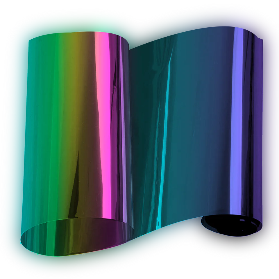 Roll of Opal colorshift ceramic tint by Omnique, displaying vibrant color transitions from blue to purple and green.