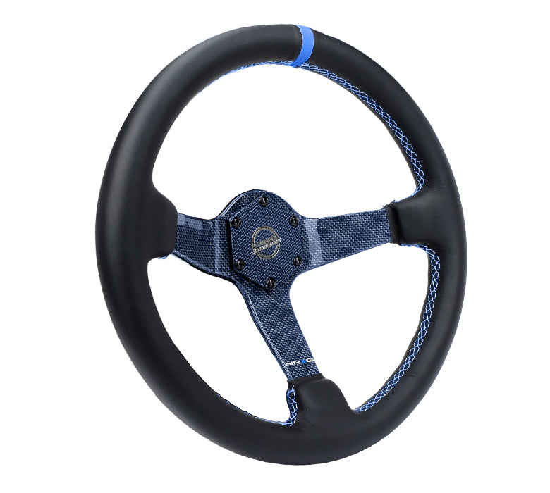 Blue-stitched leather grip on NRG 350mm wheel RST-036CF-BL