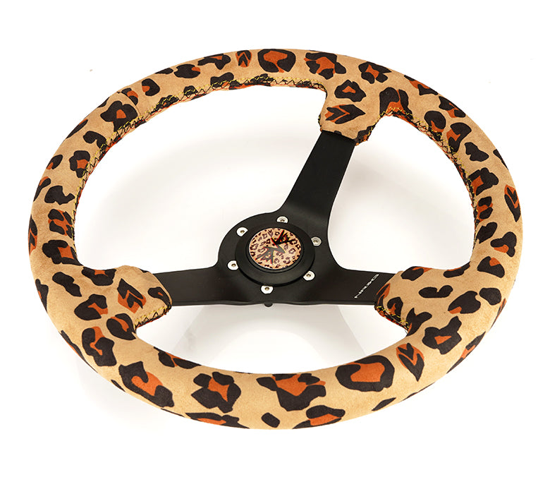 Full view of 350mm Leopard Vegan Steering Wheel. RST-036MB-SV-BR