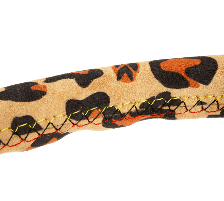 Detail shot of brown stitching on leopard wheel. RST-036MB-SV-BR