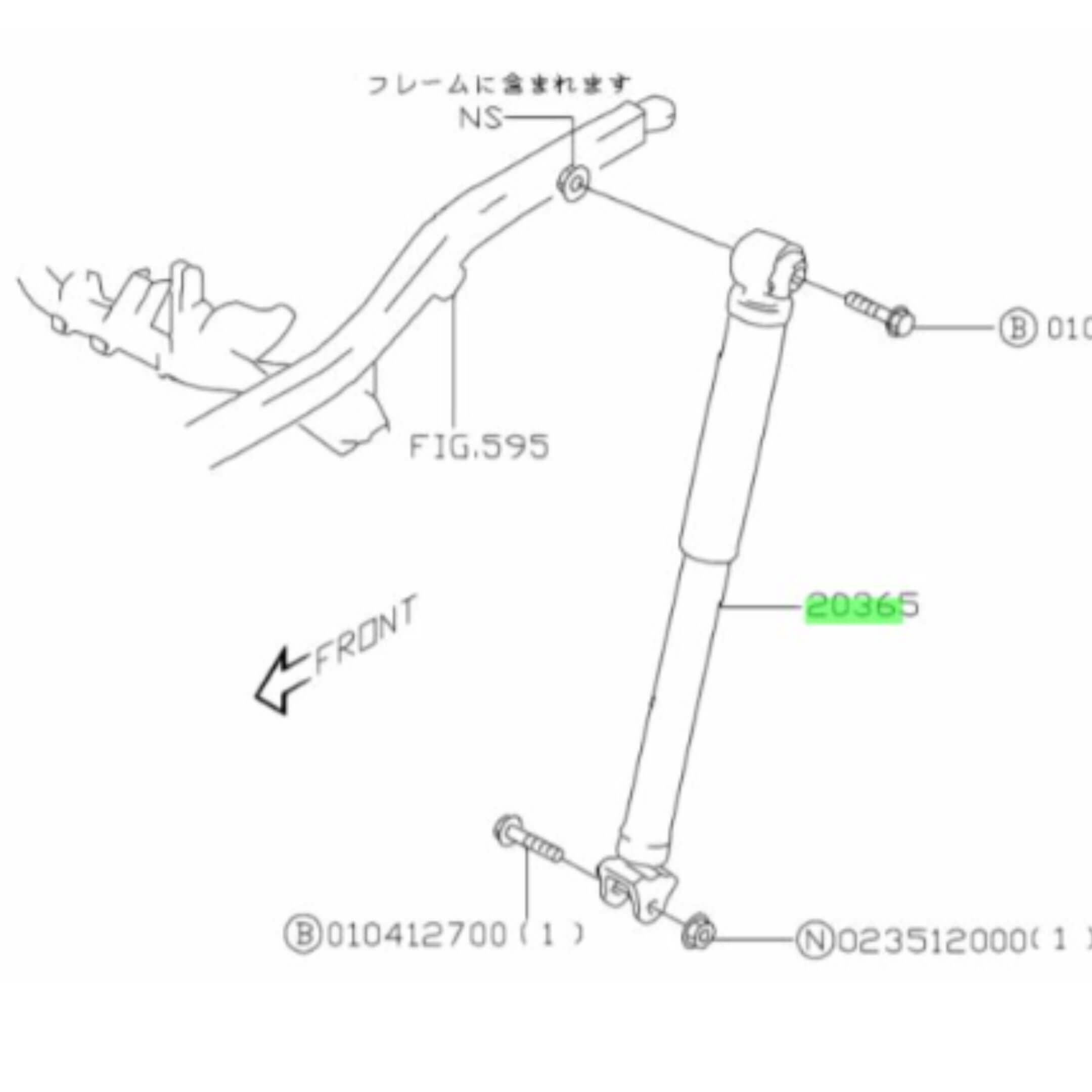 Technical diagram of rear shocks for Subaru Sambar Truck TT1, TT2 models (1999-2012), featuring part number 20365.