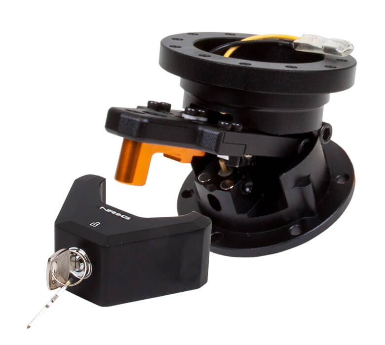 NRG Steering Wheel Quick Tilt System with Lock - Black SRK-100BK, featuring orange tilt release lever and NRG-branded lock with key.