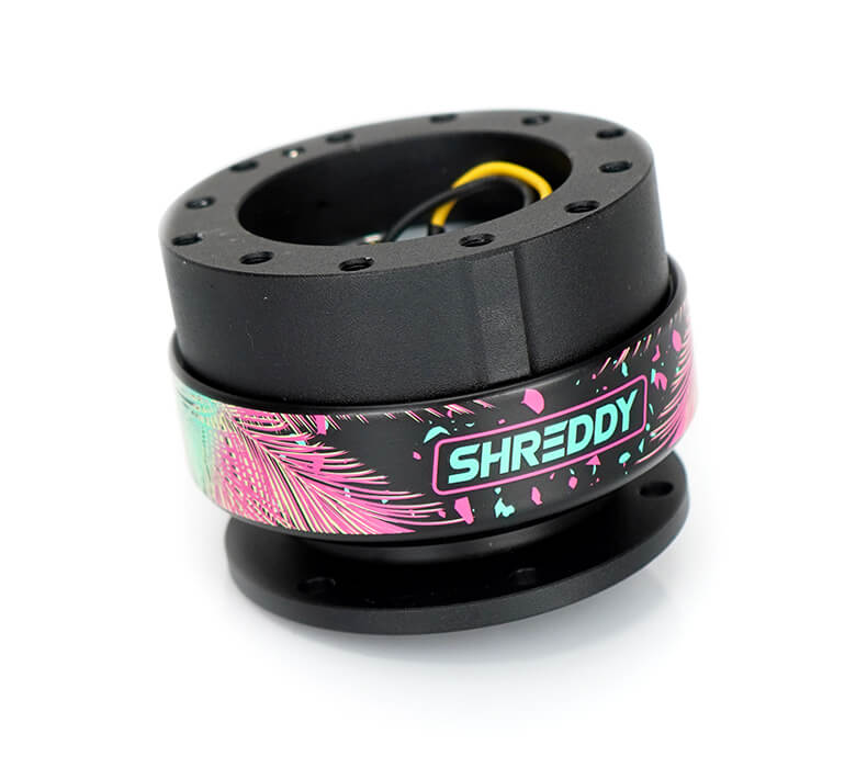 Detailed view of NRG Quick Release Gen 2.0 SRK-200BK-SDY2 with Shreddy collab, black body, black ring, and palm leaves design.