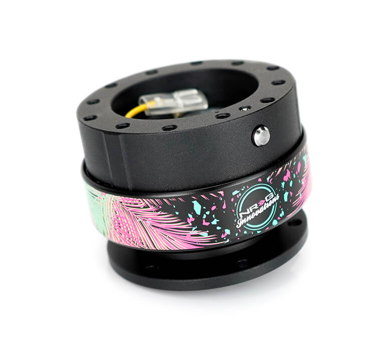 NRG Quick Release Gen 2.0 SRK-200BK-SDY2 with Shreddy collab, featuring black body, black ring, NRG Innovations logo, and vibrant palm leaves design.