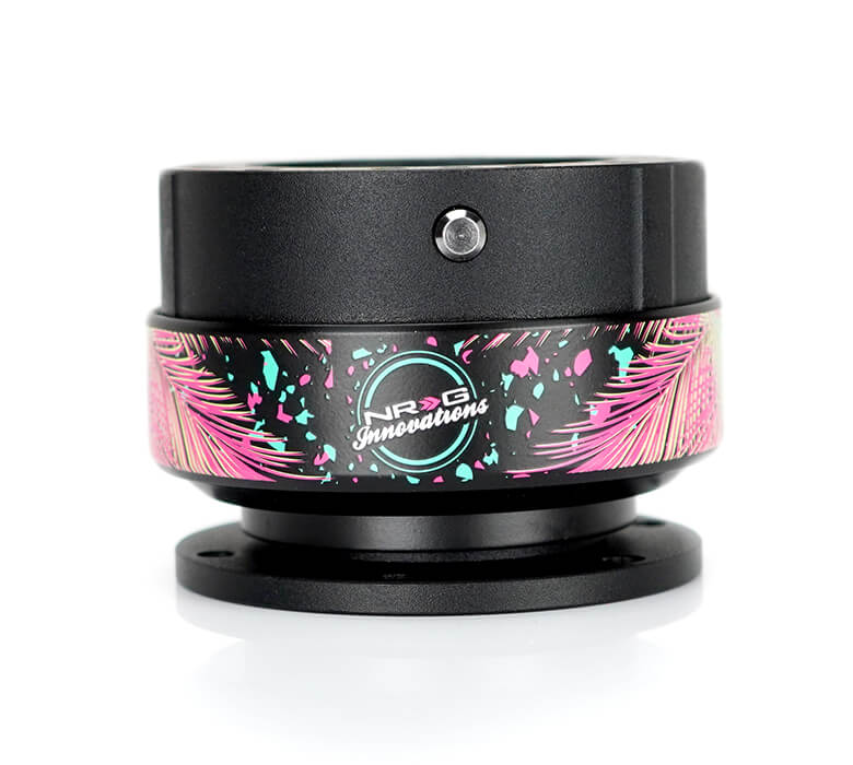 Back view of NRG Quick Release Gen 2.0 SRK-200BK-SDY2 with Shreddy collab, black body, black ring, and NRG Innovations logo with palm leaves design.