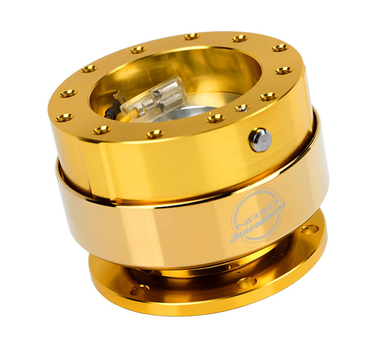 NRG Quick Release Adapter with gold body and chrome gold ring, Gen 2.0 model SRK-200CG, showcasing its sleek and shiny design, perfect for Japanese mini trucks.