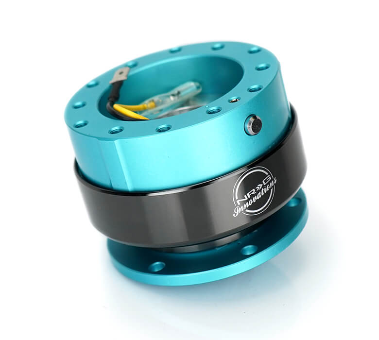 NRG Quick Release Adapter Minty Fresh with Titanium Chrome Ring - Gen 2.0 SRK-200MF, featuring a sleek blue and black design, premium build quality, and ergonomic installation for Japanese mini trucks