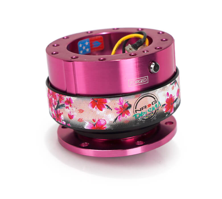 NRG Quick Release Adapter Pink Body/Sakura Ring with Prisma Collab - Gen 2.0 SRK-200PK-SAK, highlighting a beautiful floral pattern, premium construction, and easy installation for enhanced driving experience
