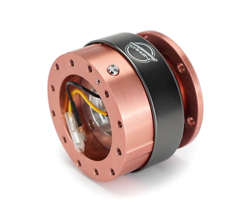 NRG Quick Release Adapter Rose Blush Body/Titanium Chrome Ring - Gen 2.0 SRK-200RB, angled view highlighting the detailed build and aesthetic appeal for Japanese mini trucks