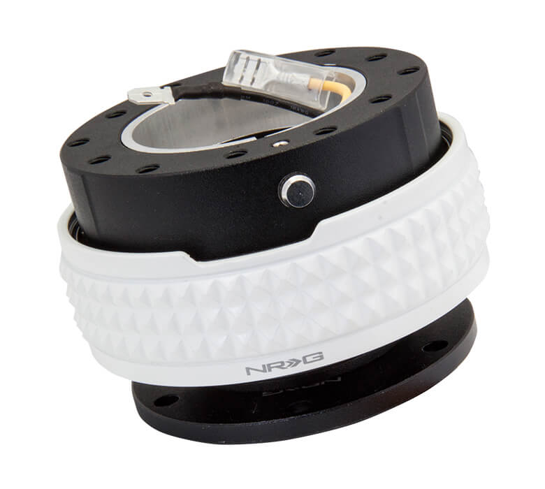 NRG Quick Release Adapter Black Body with Glow in the Dark Pyramid Ring - 2.1 Pyramid Series SRK-210BK-GL, side view showcasing premium construction and unique glow-in-the-dark pyramid texture for enhanced grip and style