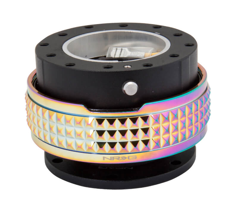 NRG Quick Release Adapter Black Body with Neochrome Pyramid Ring - 2.1 Pyramid Series SRK-210BK-MC, featuring a sleek black design with a vibrant neochrome pyramid pattern, high-quality build, and ergonomic installation for Japanese mini trucks